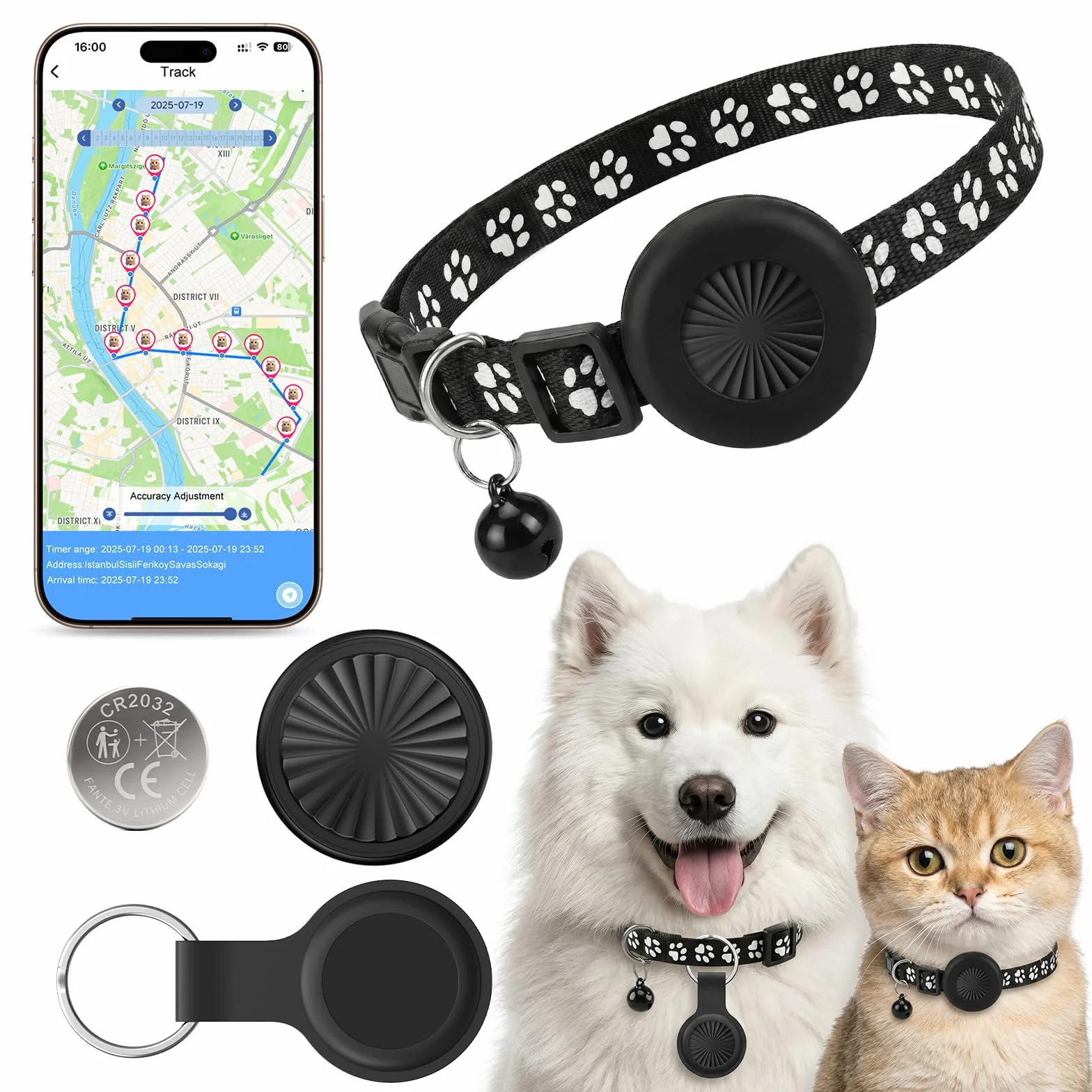 Traceur GPS Chat, Collier GPS Chat GPS Chien Compatible iOS et Android, Aucun Frais Mensuel, Suivi Mondial en Temps Réel, Étanchéité IP67, Historique des Trajets sur 7 Jours, Convient aux Chats Chiens