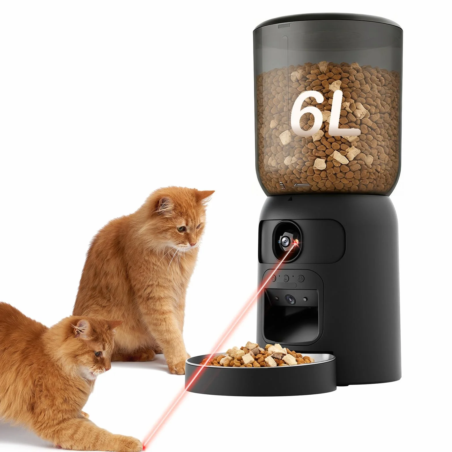 Distributeur Croquettes Chat Automatique, WiFi Caméra, Bol Inoxydable, Programmable & Portionnée, Batterie de Secour - PF4 Noir - Vision Suivi, Mode de Repas Lent
