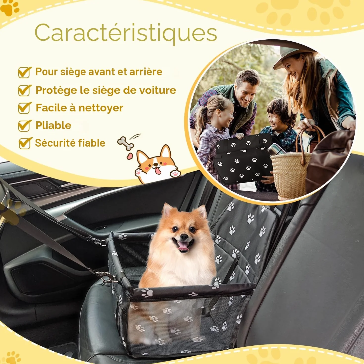 Panier Chien Voiture Pliable Siège Auto Chien Fixation Crochets Réglables Respirant Lavable 10 kg