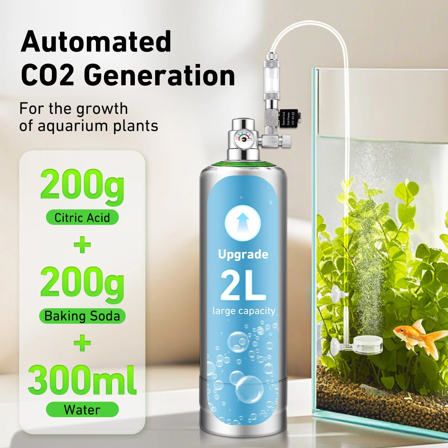 Zestaw generatora CO2 do akwarium 2L, regulator, zawór igłowy, elektrozawór, licznik bąbelków do zbiornika 20-60L
