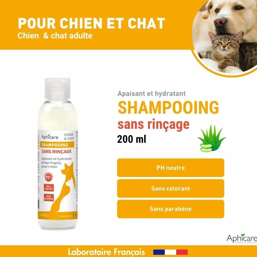 Shampooing Doux sans rinçage 200 ML Chien Chat Apaisant Hydratant 97% d’Origine Naturelle Fabrication française