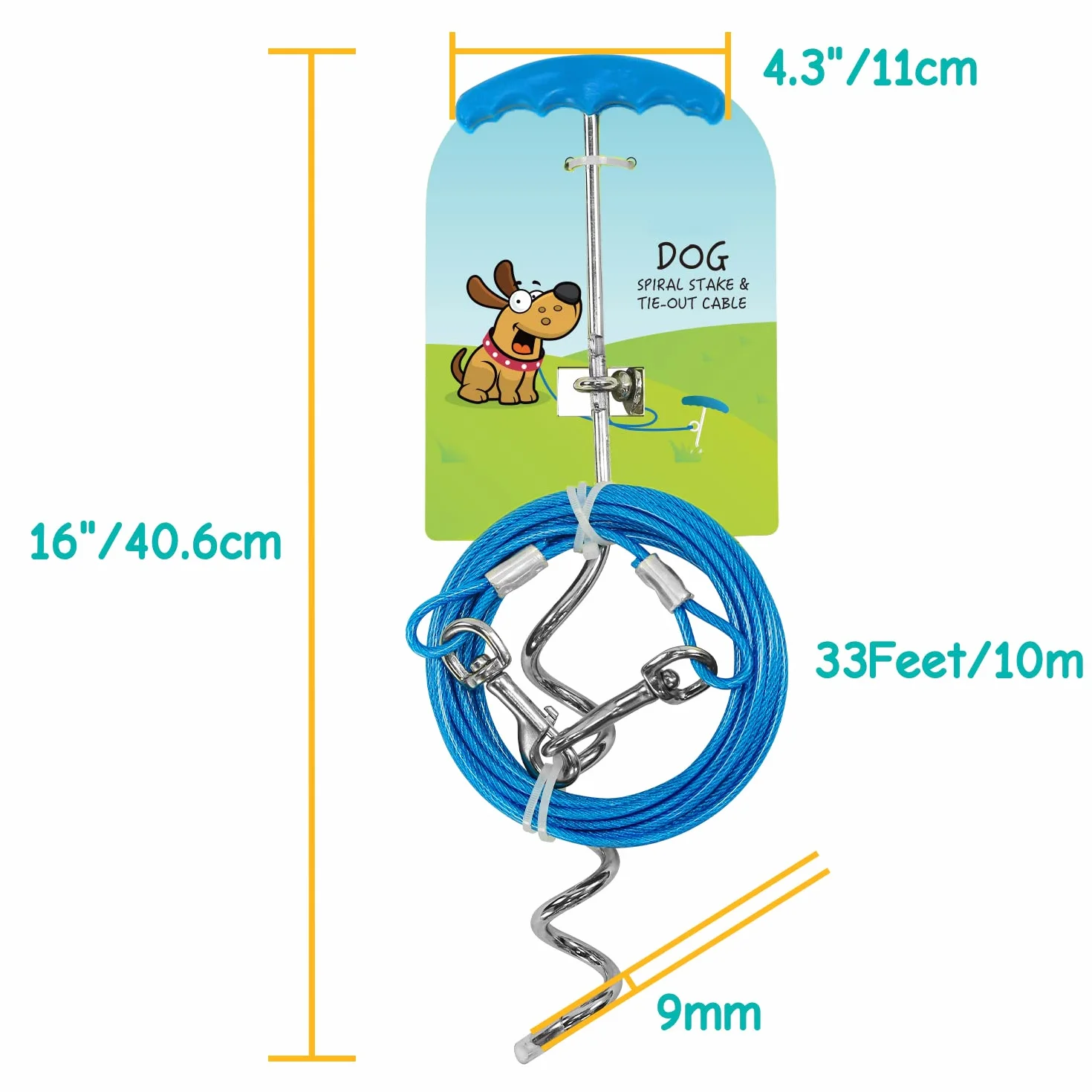 Piquet pour chien et câble d'attache robuste en spirale 40,6 cm 10 m
