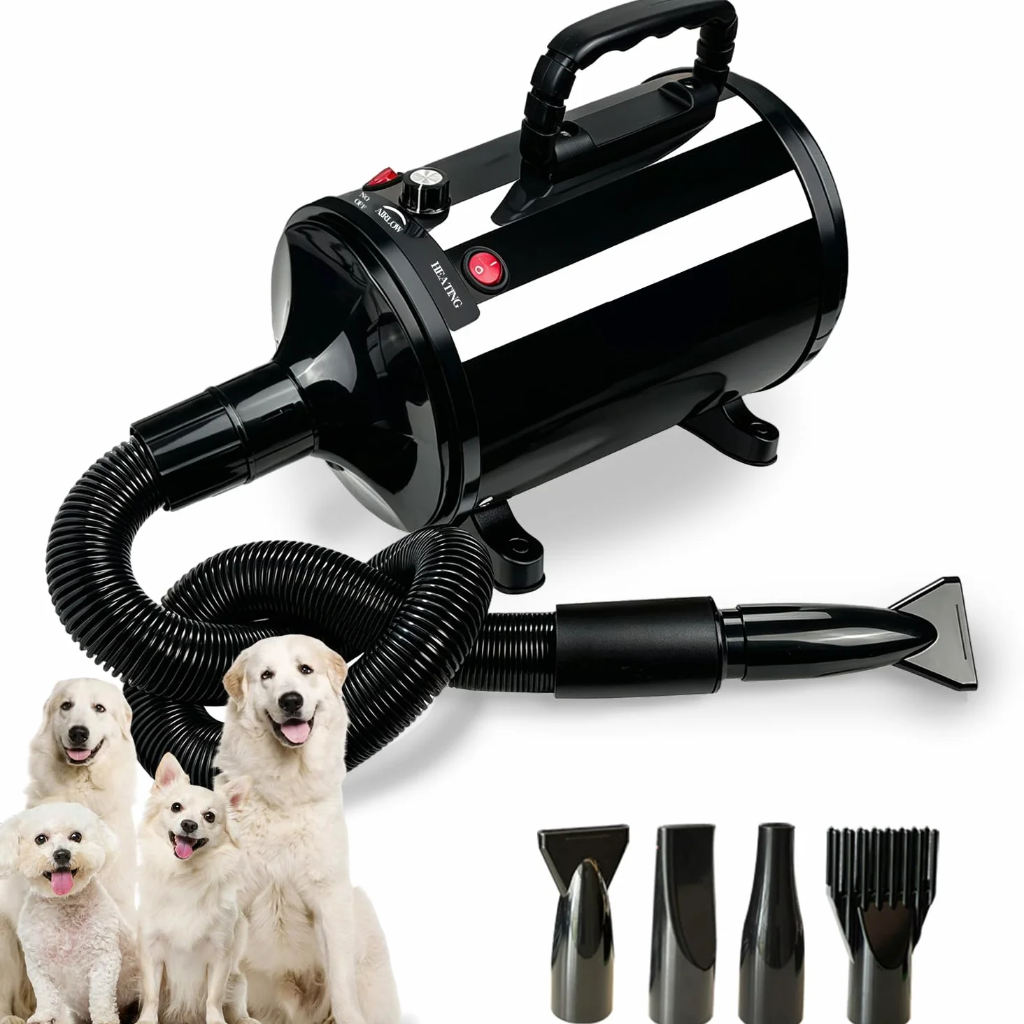Sèche-Cheveux Pour Chien,2800W Souffleur de Soins Pour Chien,Noir | Pour Animaux Vitesse Continue et température réglable,4 Buses