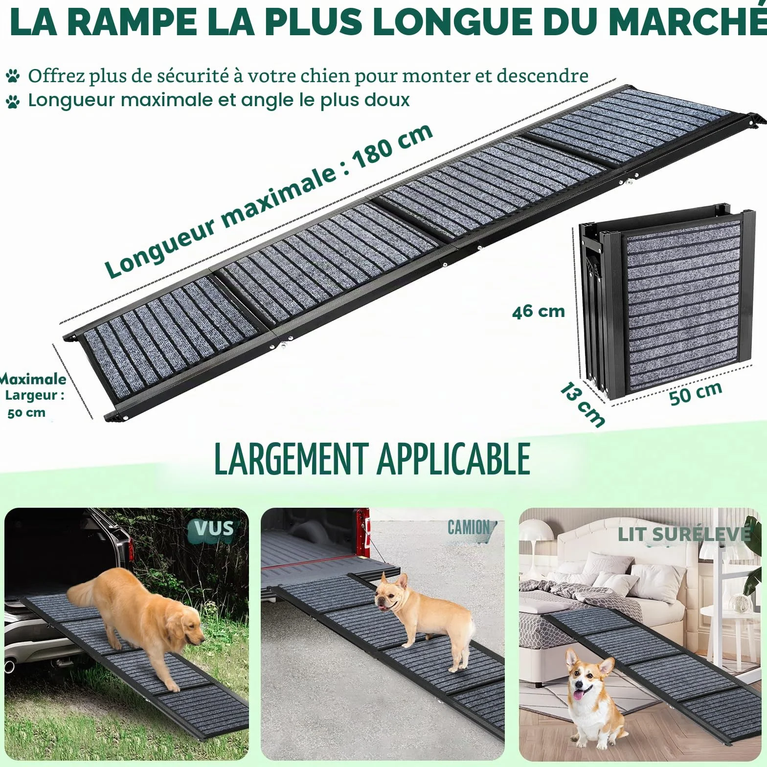 Rampe pliable pour chien 180 cm x 50 cm avec tapis antidérapant extérieur SUV camion
