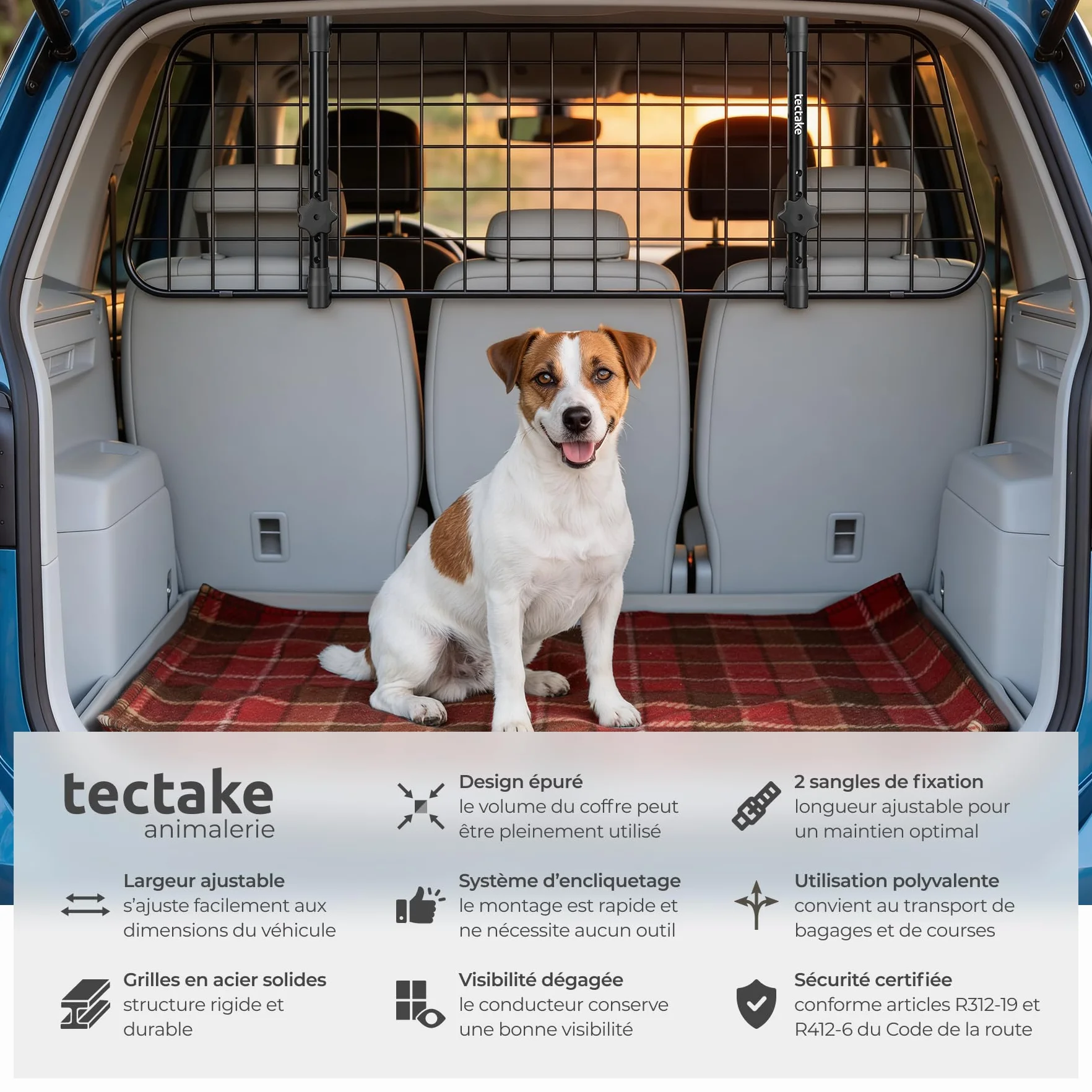 Tectake Barriere de securite Universelle pour Chien Voiture Grille Protection reglable 91,5-154 cm