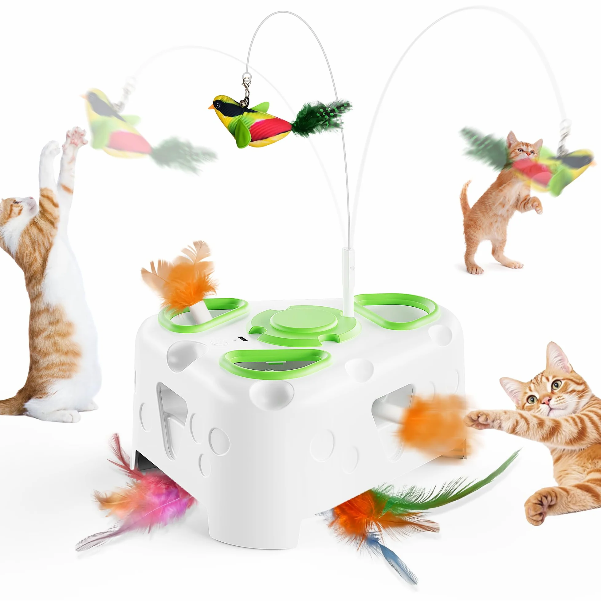 Jouet interactif 3 en 1 pour chat d'intérieur, jouet automatique pour chaton, oiseau volant, taupe à 6 trous, plume rotative, jouet interactif rechargeable USB pour chats d'intérieur ennuyés