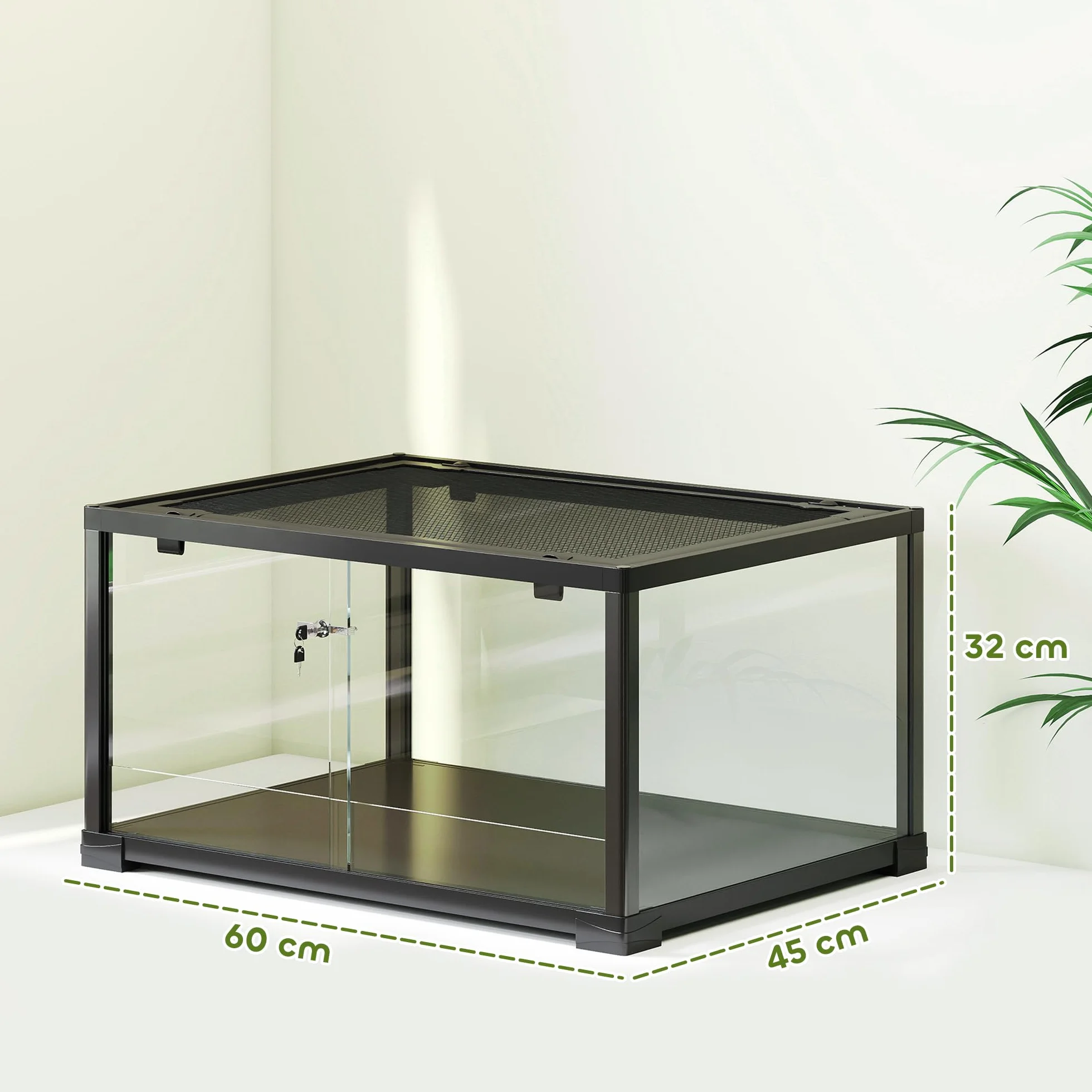 PawHut Terrarium en Verre 86L 60x45x32cm pour Reptiles Lézards Serpents Geckos Porte Coulissante Noir