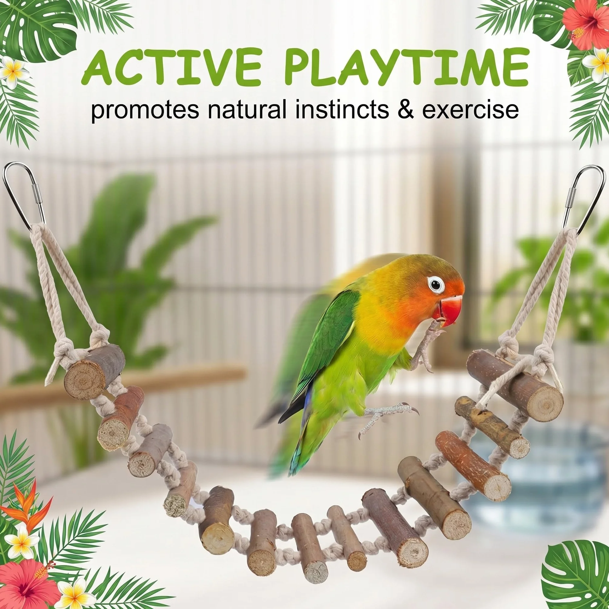 Échelle pour Perroquet en Bois Naturel 8cm Large, Pont Suspendu Oiseaux, Accessoire Cage Oiseaux Grimper Jouet