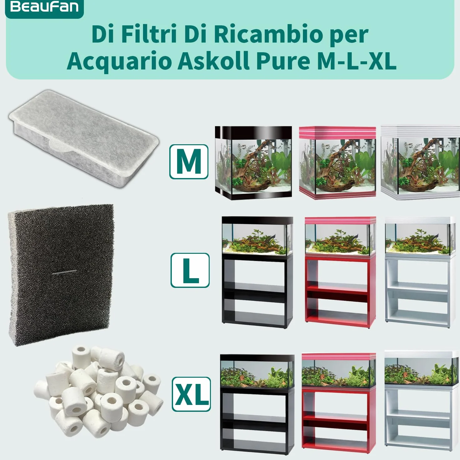 Kit de filtres d'aquarium compatible avec Askoll Pure M-L-XL, 200g anneaux céramique, 4 éponge, 10 charbon actif