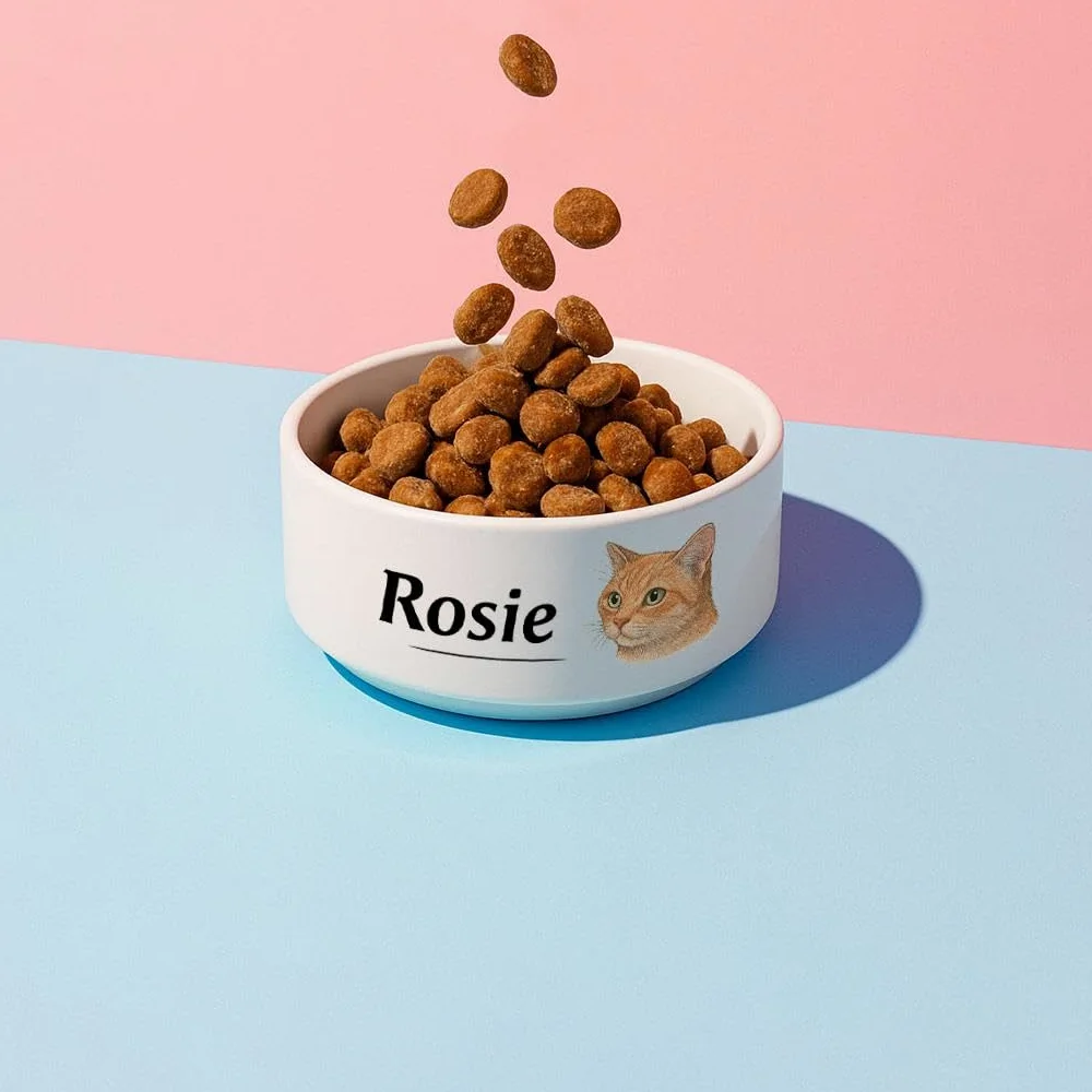 Gamelle en céramique personnalisée pour chat – Petite gamelle blanche avec motif chat roux – 13 cm de large x 5,5 cm de profondeur – Idéal pour les petits chats