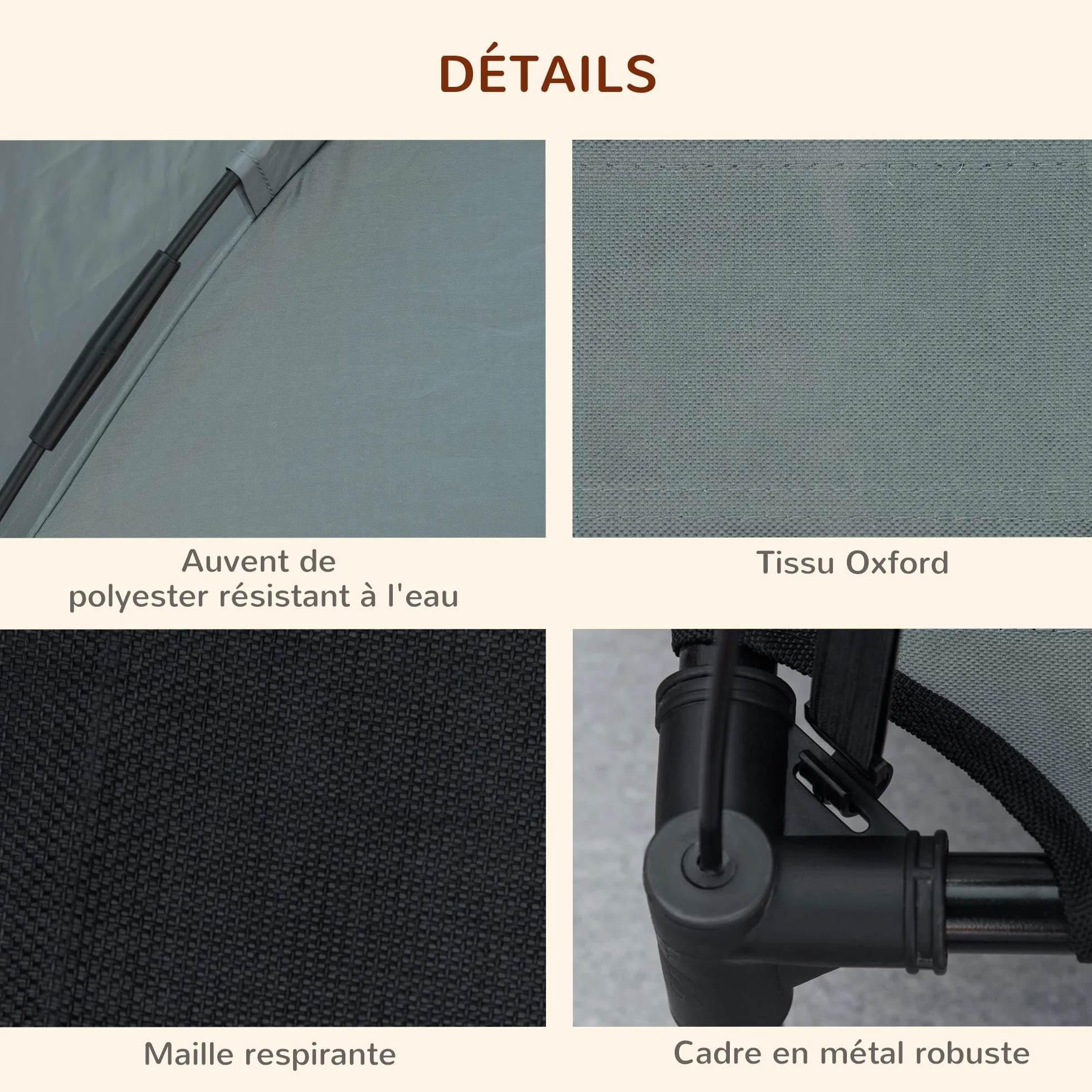 PawHut Lit Chien Surélevé avec Parasol 161x46x61 cm Gris Noir Anti-UV Oxford Respirant