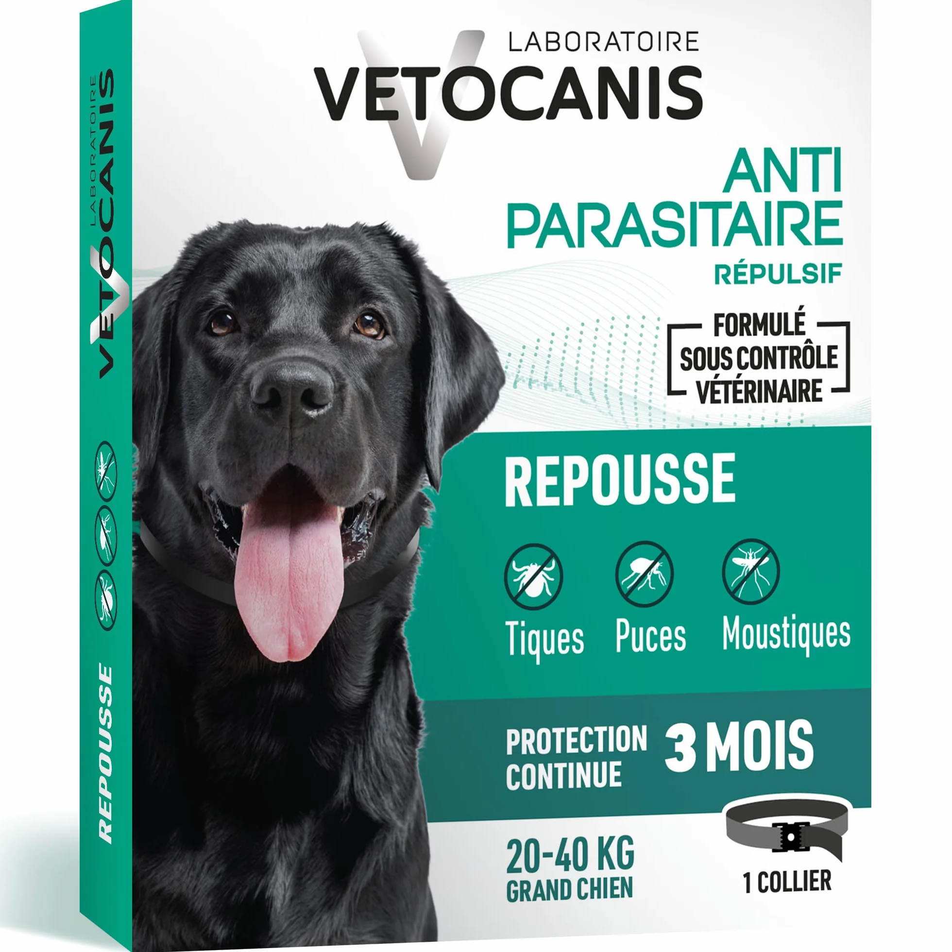 Vetocanis Collier Répulsif Puces Tiques Moustiques Protection 3 mois Grand Chien 20-40 kg Extraits Naturels Margosa Lavandin
