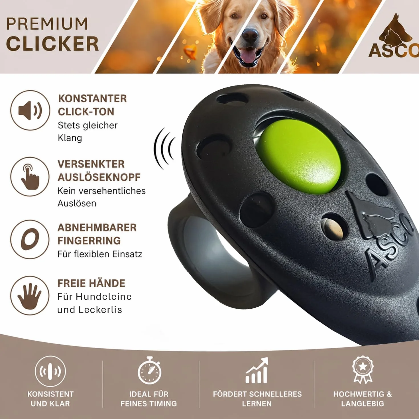 ASCO Finger Clicker, clicker Haut de Gamme pour Le Dressage au clicker, Chiens, Chats, Chevaux, clicker Professionnel, clicker pour Le Dressage des Chiens, Noir AC01F