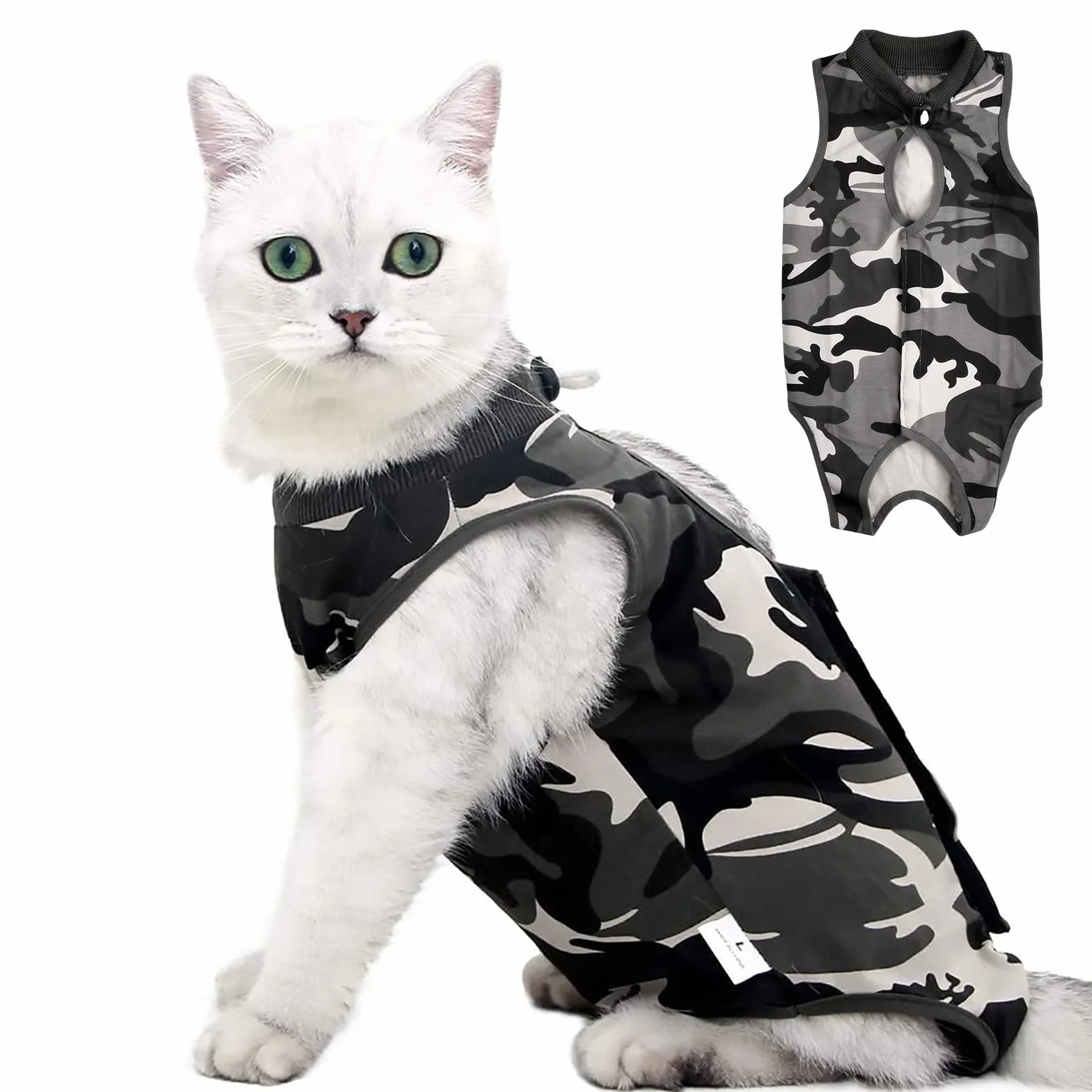 Combinaison de Récupération Chirurgicale pour Chat, Vêtement Post-Opératoire Camouflage, Alternative au Collier Cône E pour Plaies Abdominales (L)