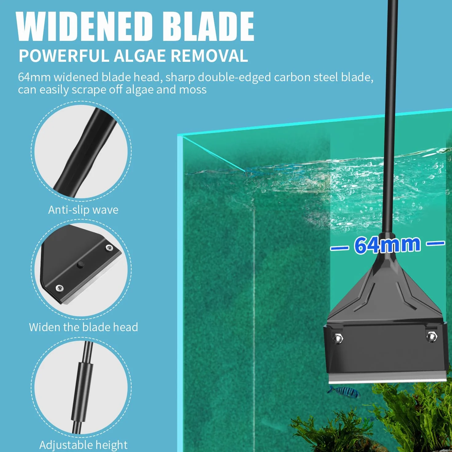 Kit Nettoyage Aquarium Grattoir Algues Tige Amovible 62cm 15 Lames Rechange Acier Inoxydable