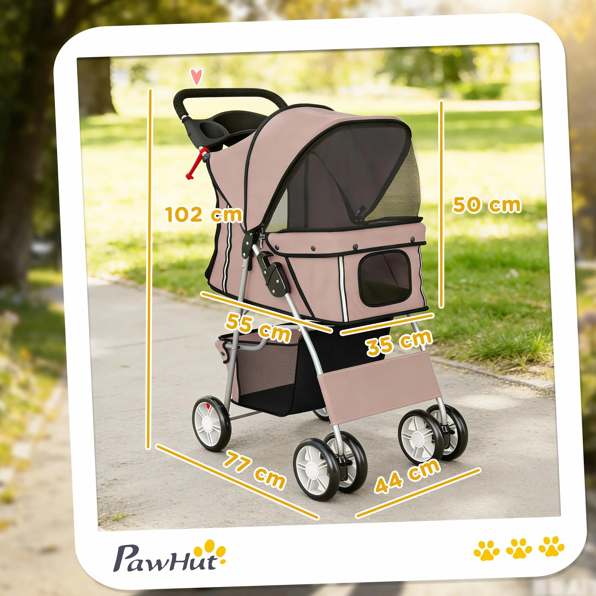 PawHut Poussette Buggy Pliable Animaux, Chariot Pliante Imperméable pour Chien et Chat, Toit Amovible, Tissu 600D Oxford, Acier, Café