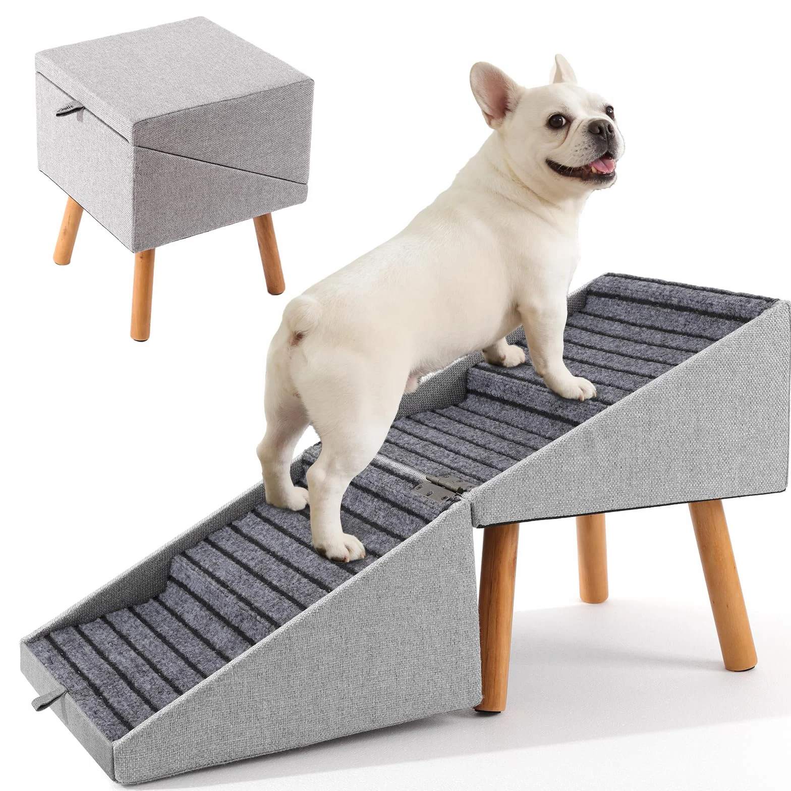 Escalier pour Chiens et Chats 2 en 1, 4 Marches Rampe Antidérapant pour Canapé Lit, Gris Clair 43,5 cm