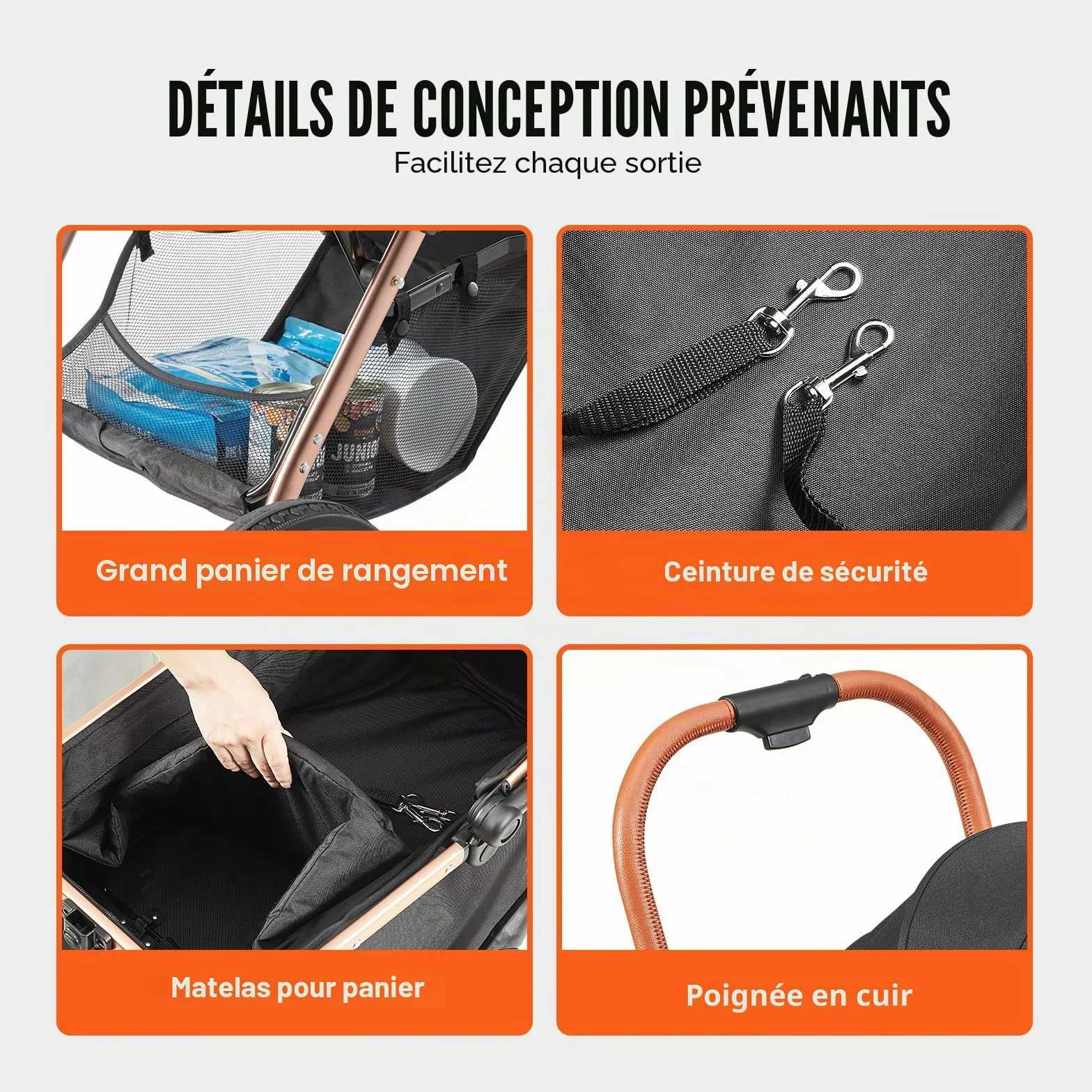 VEVOR Poussette pour Chien 4 Roues Pivotantes avec Freins 30 kg Noir