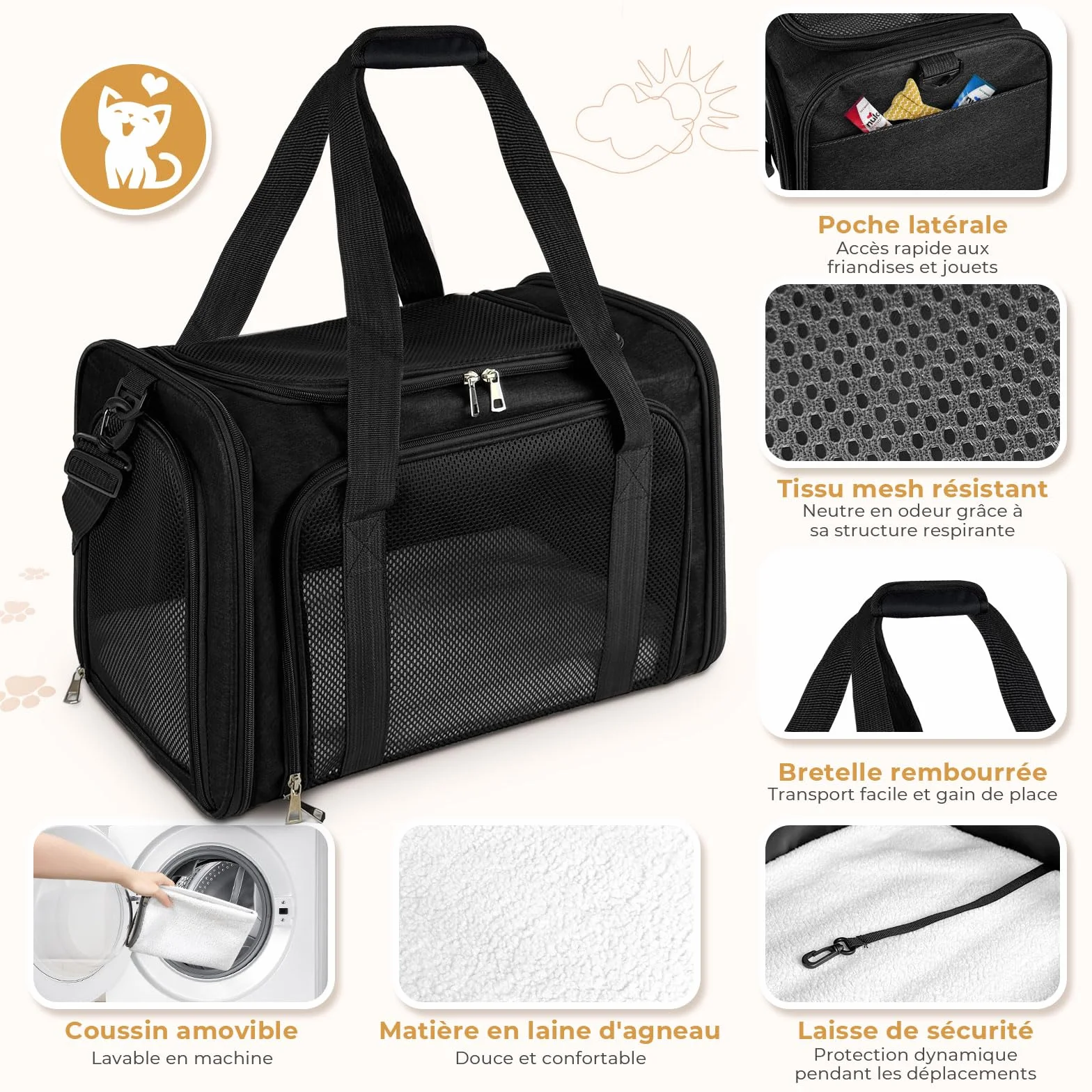 Sac de Transport Chat Chien avec Matelas Souple, Respirant et Pliable, 50x34x34cm Noir