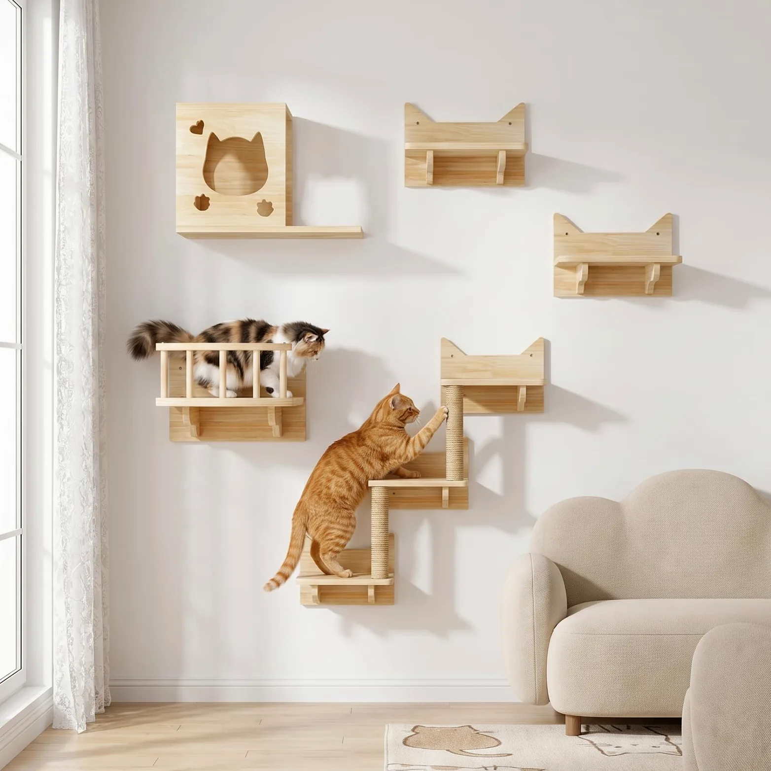 Ensemble de mur d'escalade pour chat, arbre à chat | Hamac en panneau multiplex robuste pour chat avec maison pour chat, pont pour chat, arbre à chat