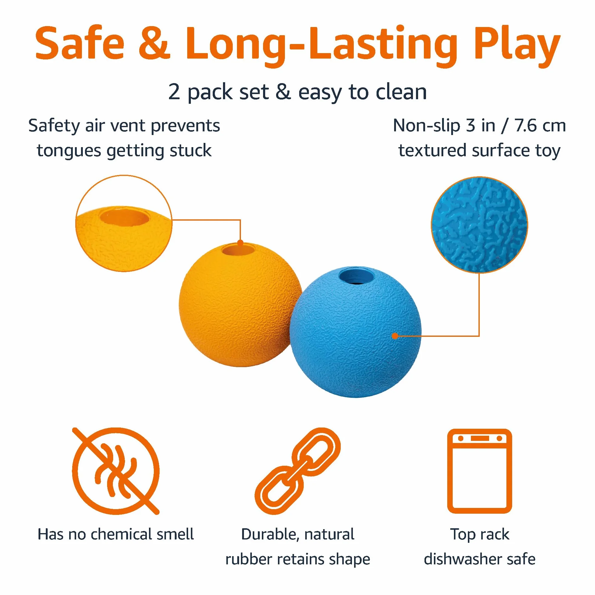 Amazon Basics Balles à Lancer en Caoutchouc pour Chien, 7.62 cm, Lot de 2, Bleu, Orange