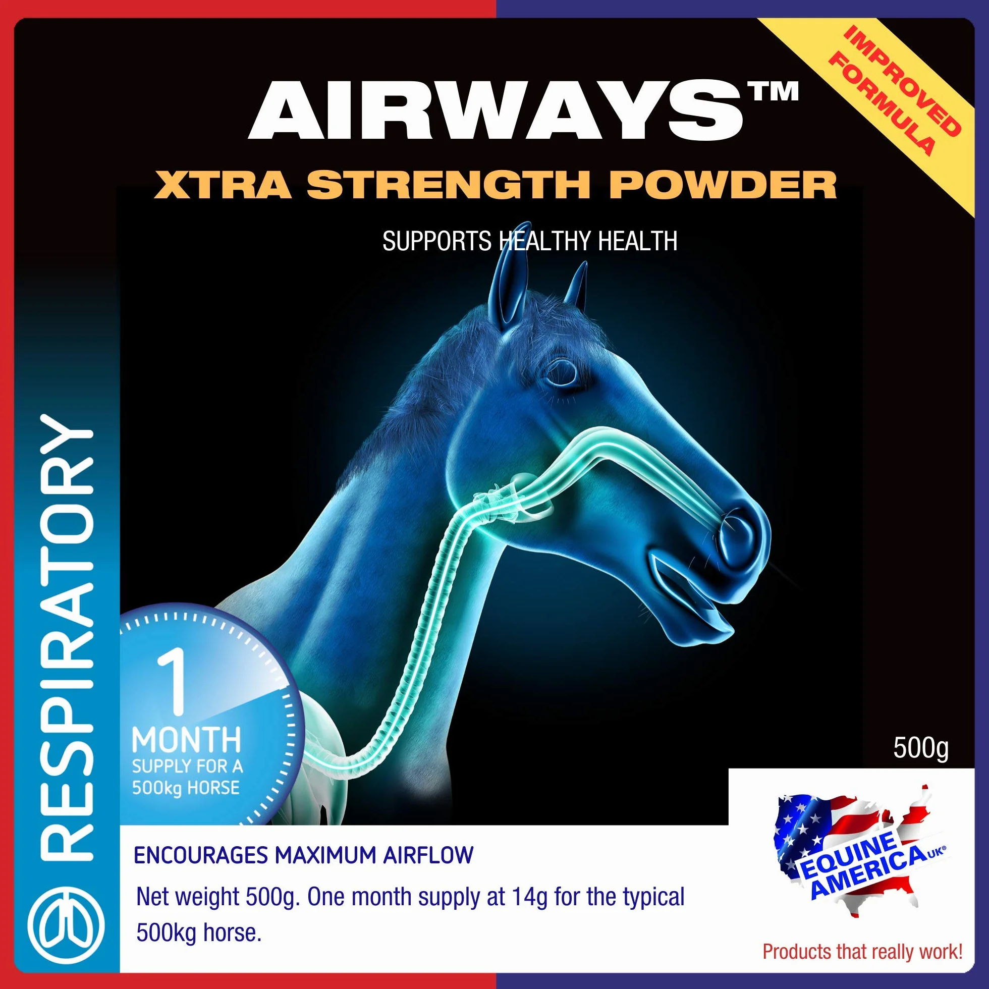Equine America Airways Xtra Force | Premium prêt pour l'utilisation du supplément Cheval & Poney | pour l'assistance respiratoire | 500g.