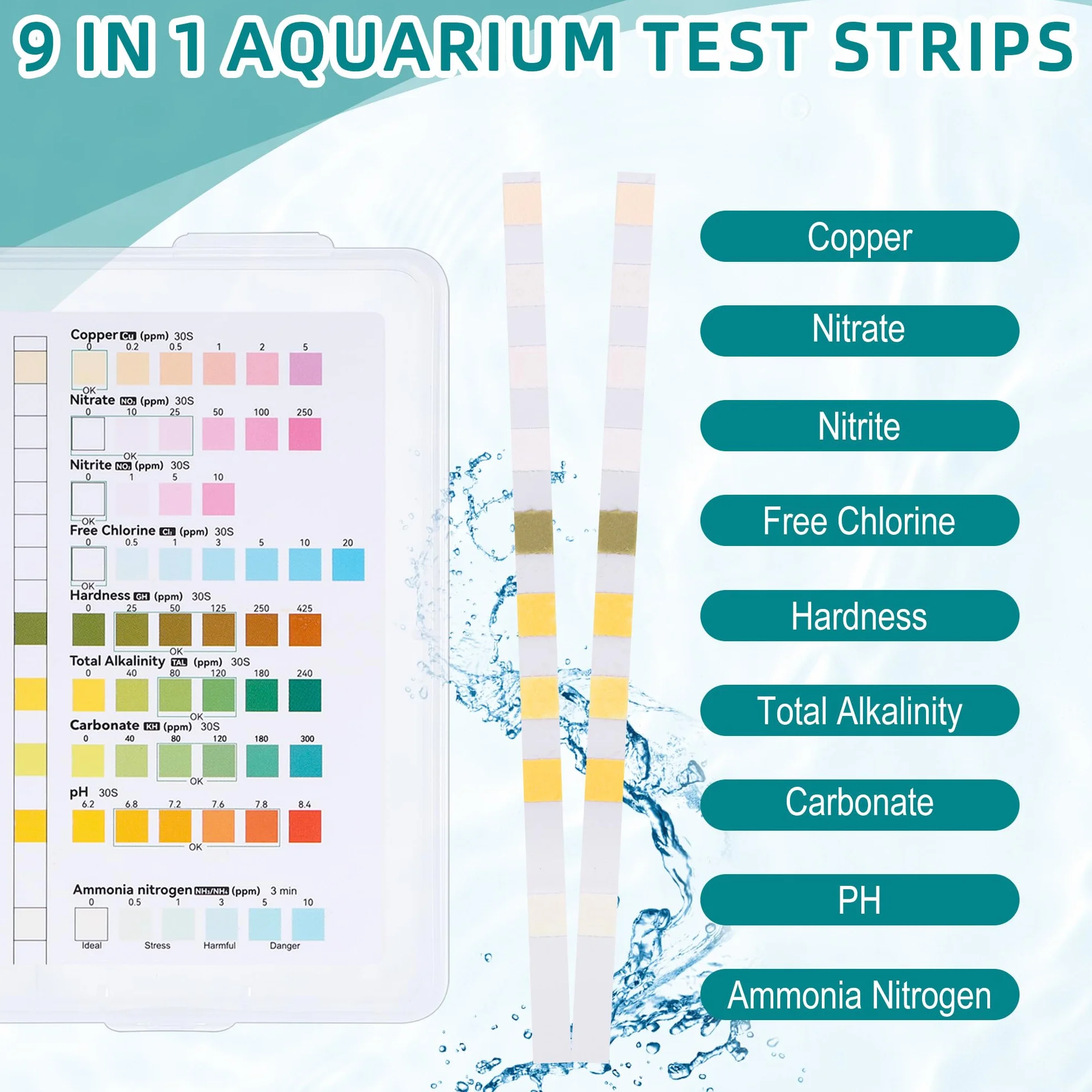 9 en 1 Bandelettes de Test pour Aquarium, Test d'eau Aquariophilie - Ammoniac, Nitrate, Nitrite, Chlore, pH, Dureté, Alcalinité, Cu - 100 Pièces
