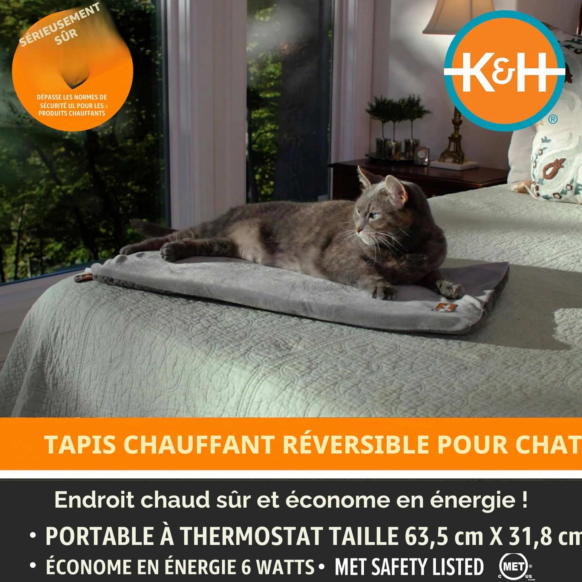 K&H Pet Products Tapis Chauffant pour Chat d'intérieur – Tapis Chauffant apaisant et Chaud pour Animaux de Compagnie – Lavable en Machine – Chauffage imperméable – Sécurité listée – 31,5 x 63,5 cm –