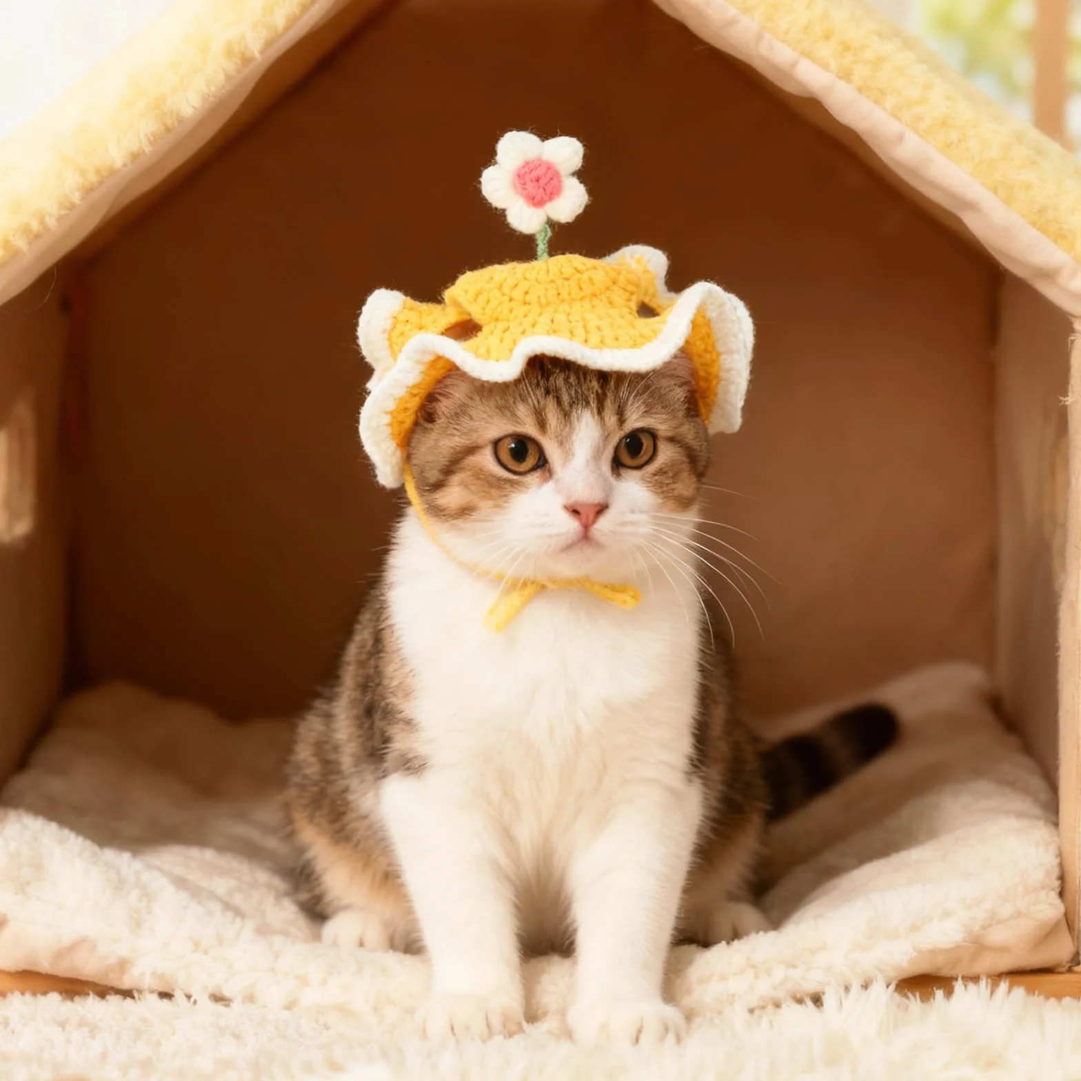 Chapeau d'anniversaire pour Chat avec Trous Oreilles, Ajustable, Tricoté, Mignon Design Fleur, Jaune