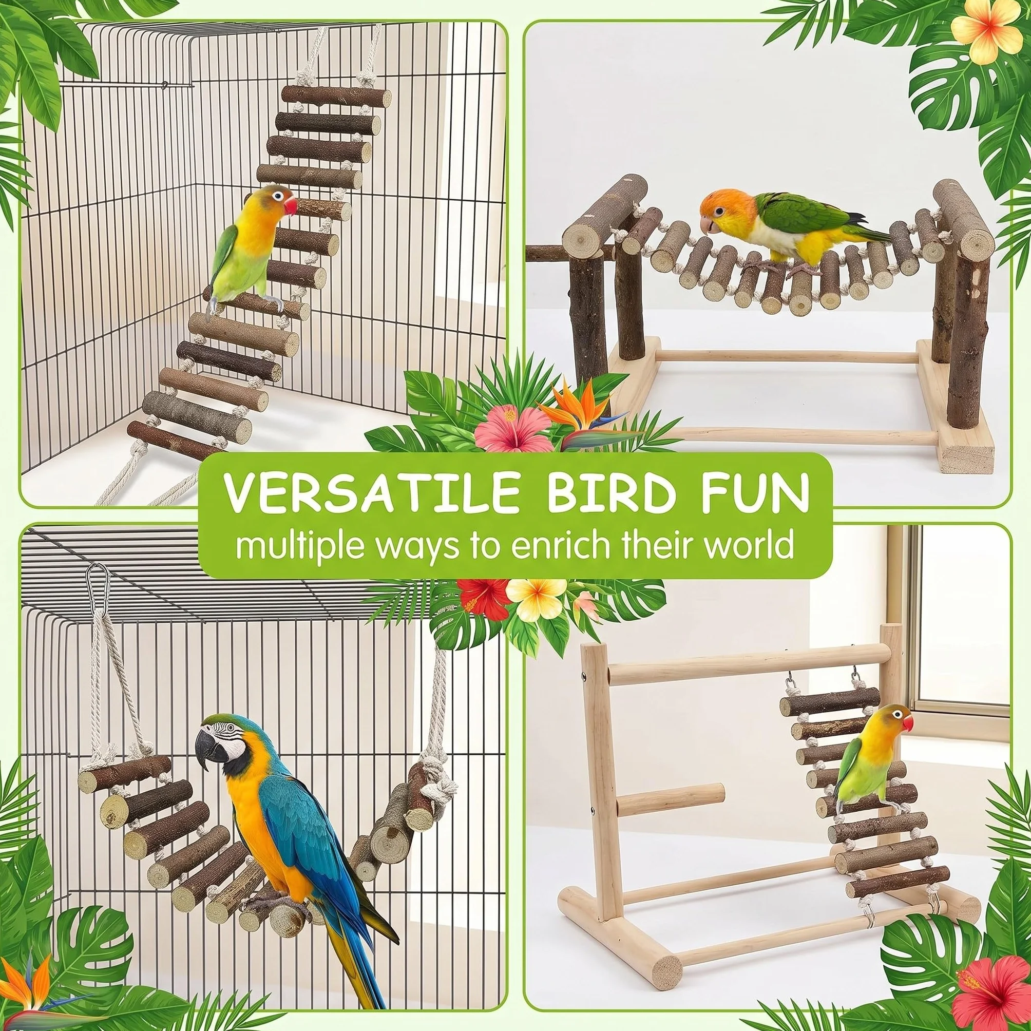 Échelle pour Perroquet en Bois Naturel 8cm Large, Pont Suspendu Oiseaux, Accessoire Cage Oiseaux Grimper Jouet