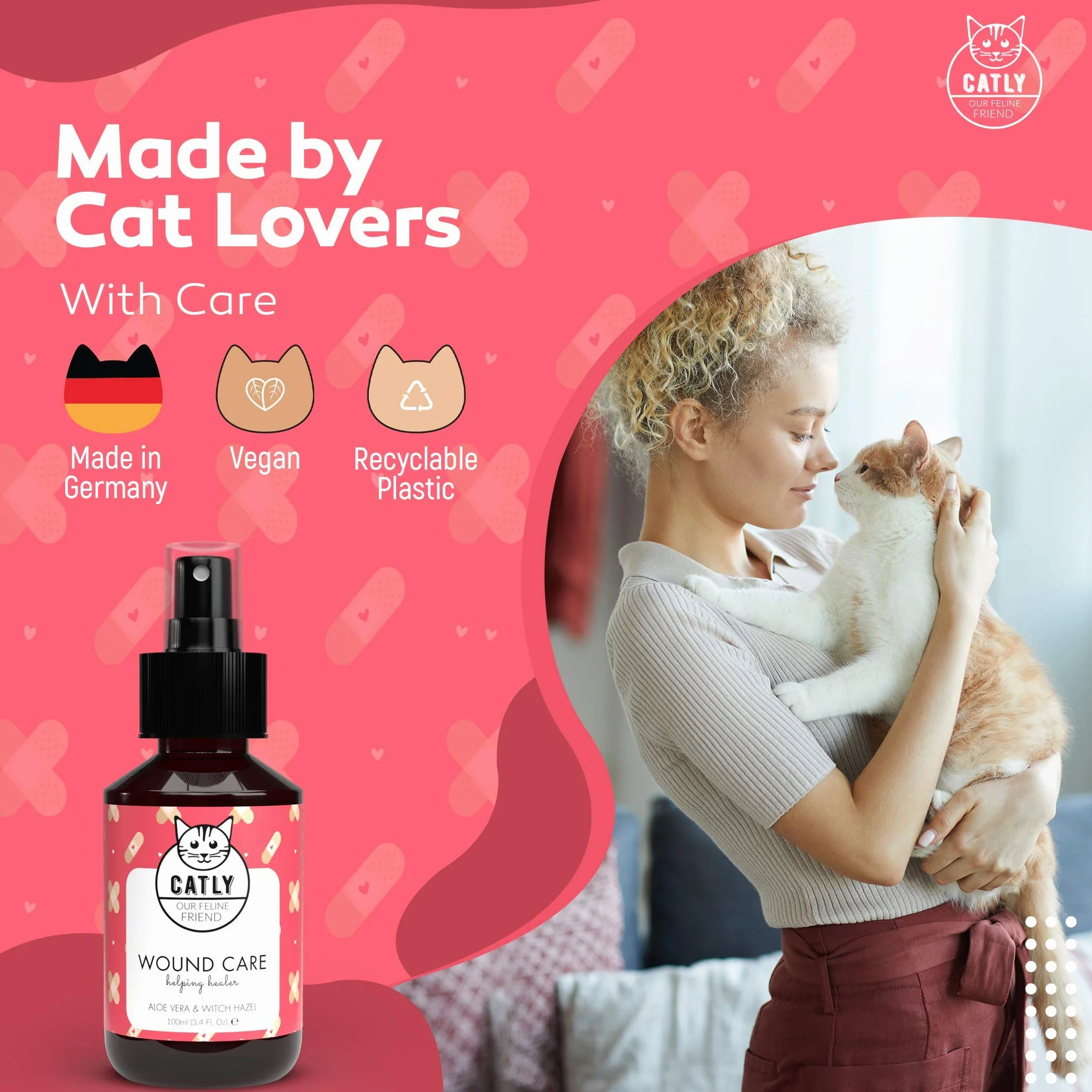 CATLY Spray Nettoyant de Plaie pour Chat - Hygiène et Santé du Chat Naturel - Aide au Toilettage - Hydrate et Protège la Peau - À l'Aloe Vera - 100 ml