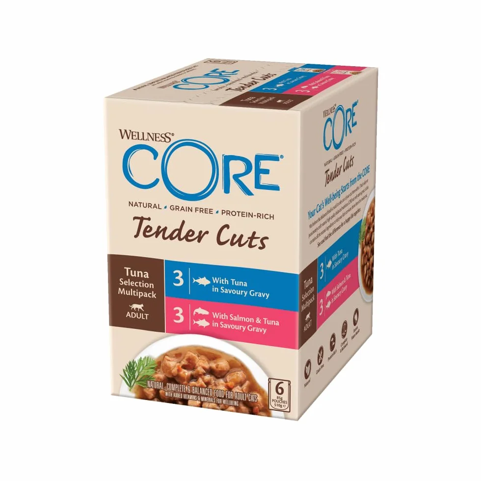 Wellness CORE Tender Cuts 6 x 85g Multipack Saumon Thon Crevettes pour Chats Adultes sans Céréales