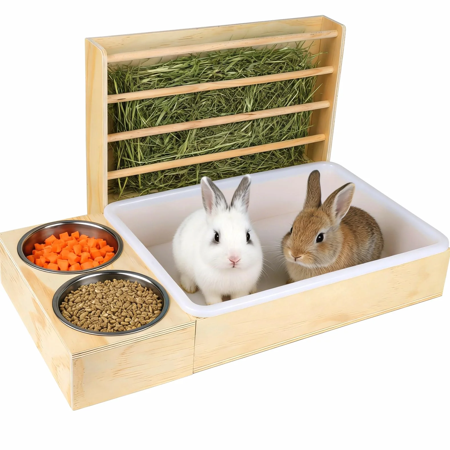 Mangeoire à foin 3 en 1 pour lapin - Station d'alimentation en bois avec bac à litière et bols - Distributeur pour cochon d'Inde, hamster, chinchilla