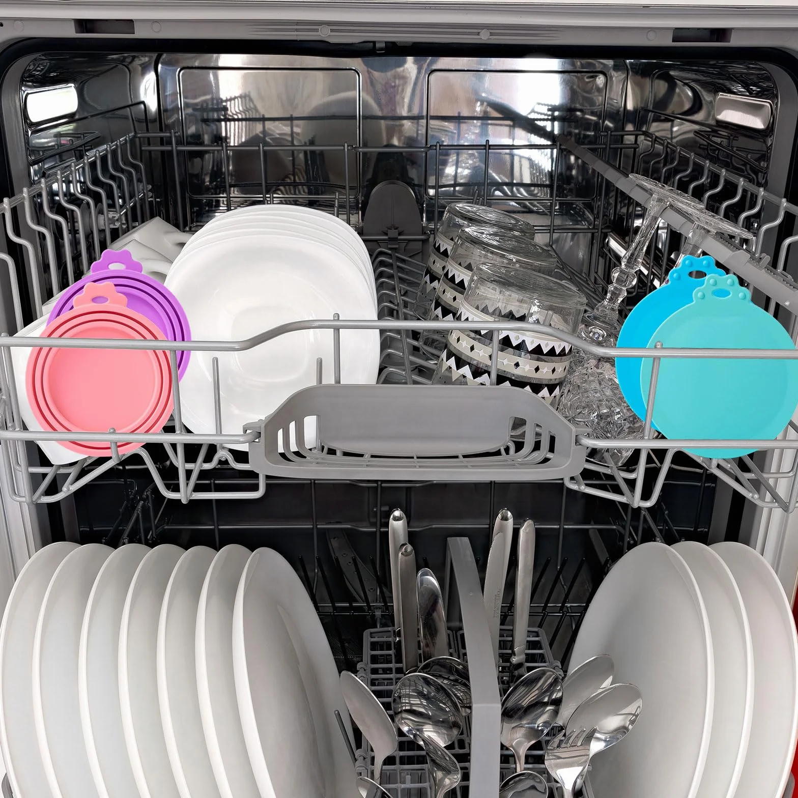 Lot de 4 Couvercles Silicone Alimentaire pour Chats et Chiens avec Cuillère