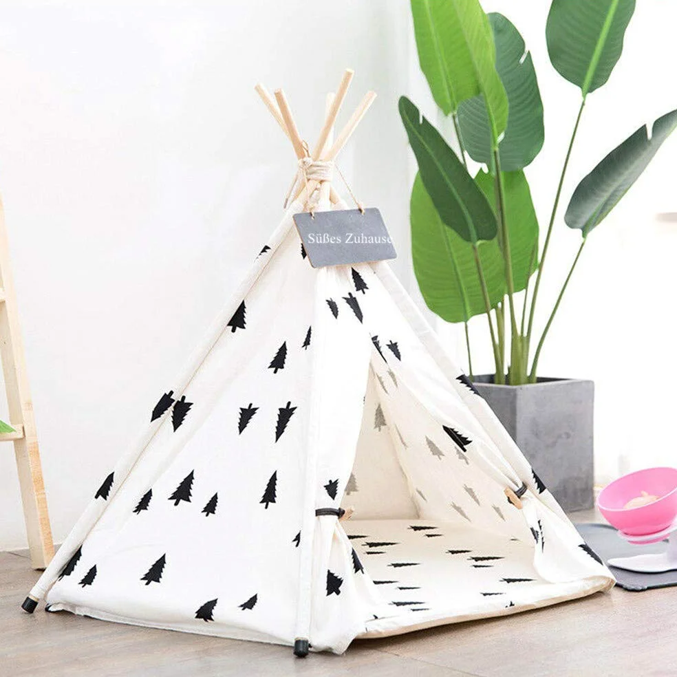 TentHome Tente Tipi pour Chiens Chiots Maison des Chats et Animaux de Compagnie Niche pour Chien Amovible et Lavable (sans Coussin), Pin Noir (L(7-15kg))