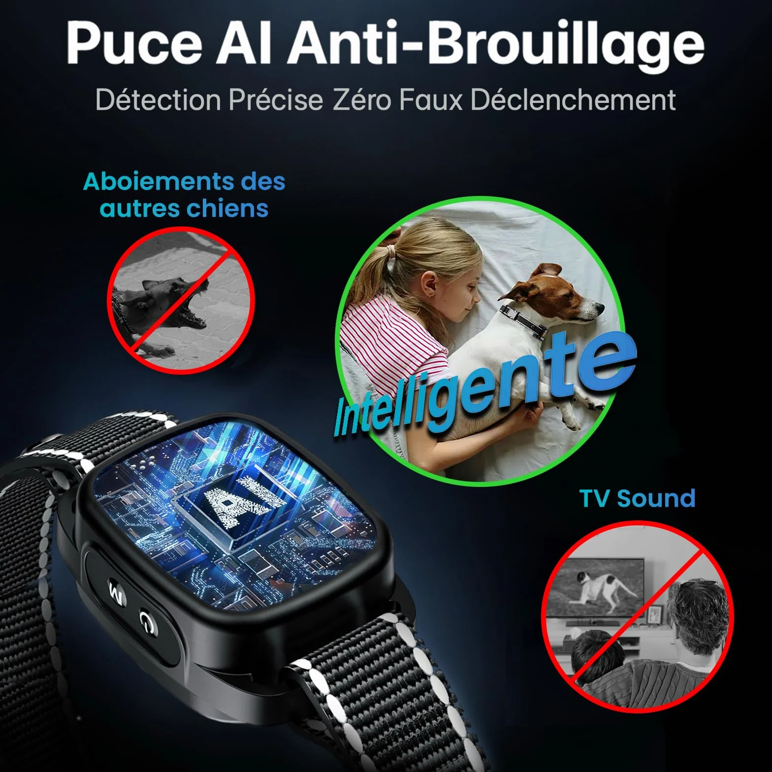 Collier Anti Aboiement Chien IP67 Rechargeable Son Vibration Forte Détection Intelligente Noir