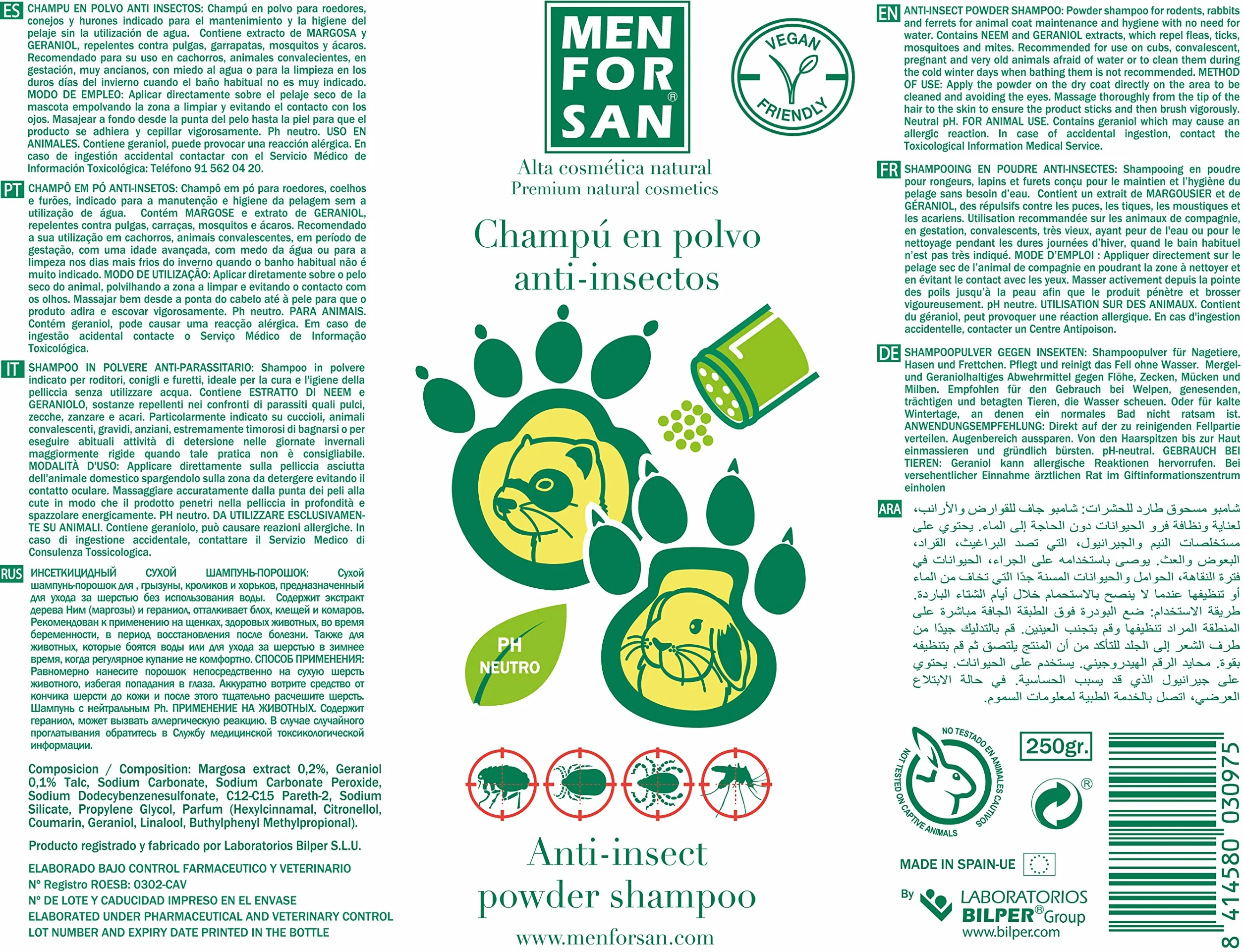 MENFORSAN Shampooing Répulsif en Poudre pour Rongeurs 250gr, Nettoyage à Sec Vegan
