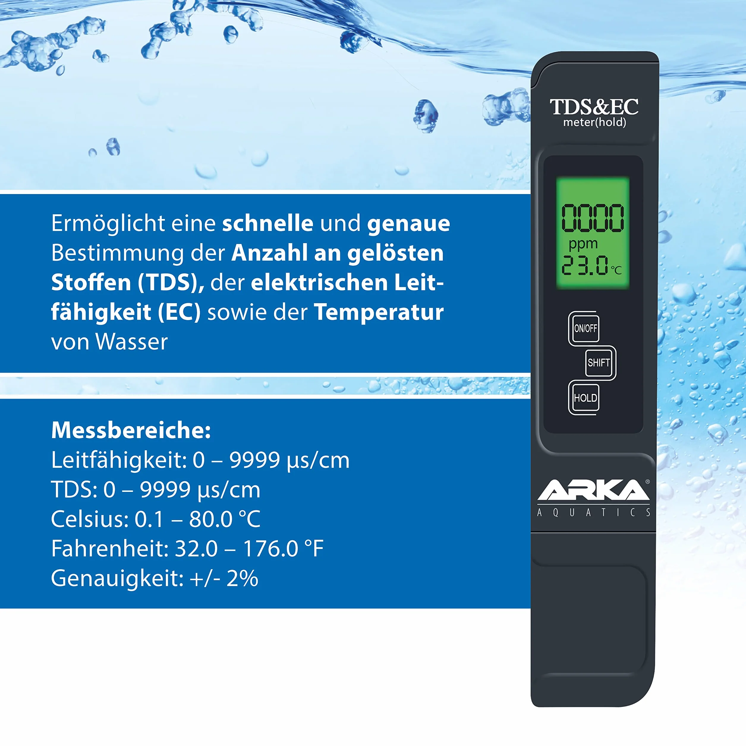 ARKA myAQUA TDS/EC Meter 3in1 - Mesure fiable TDS, EC et température avec solution d'étalonnage