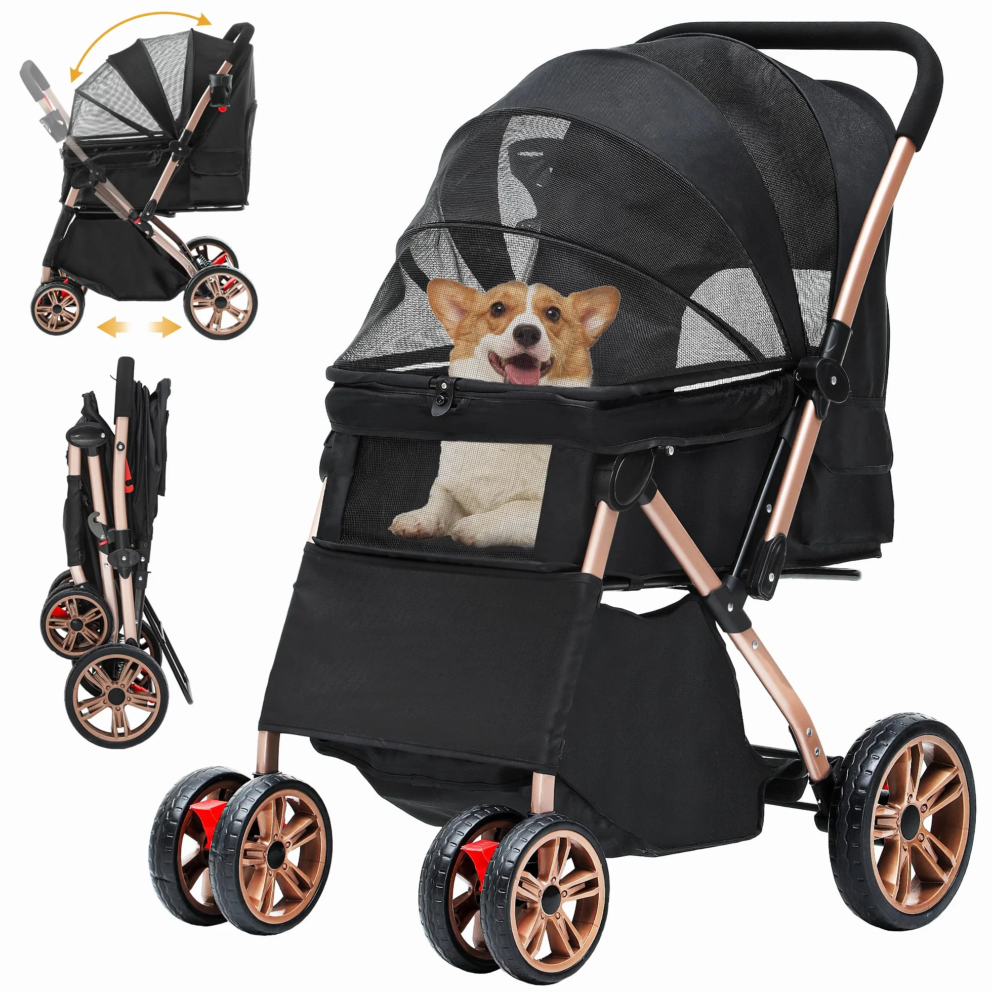 DWVO Poussette 3 en 1 pour Chien et Chat Pliable 22 kg Roues EVA Résistantes à l'Usure 360° Panier de Rangement Fenêtre en Filet 58,5 x 76 x 105 cm