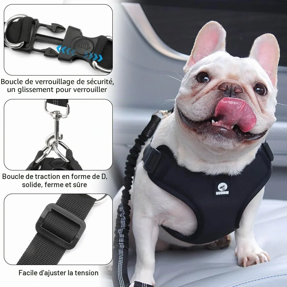 Ensemble de Harnais et Laisse de Sécurité de Voiture, Harnais Voiture Chien en Maille Douce et Respirante, 53 cm-74 cm Ceinture de Sécurité éLastique Réglable à Fixer Sur le Siège de Voiture (Noir, S)