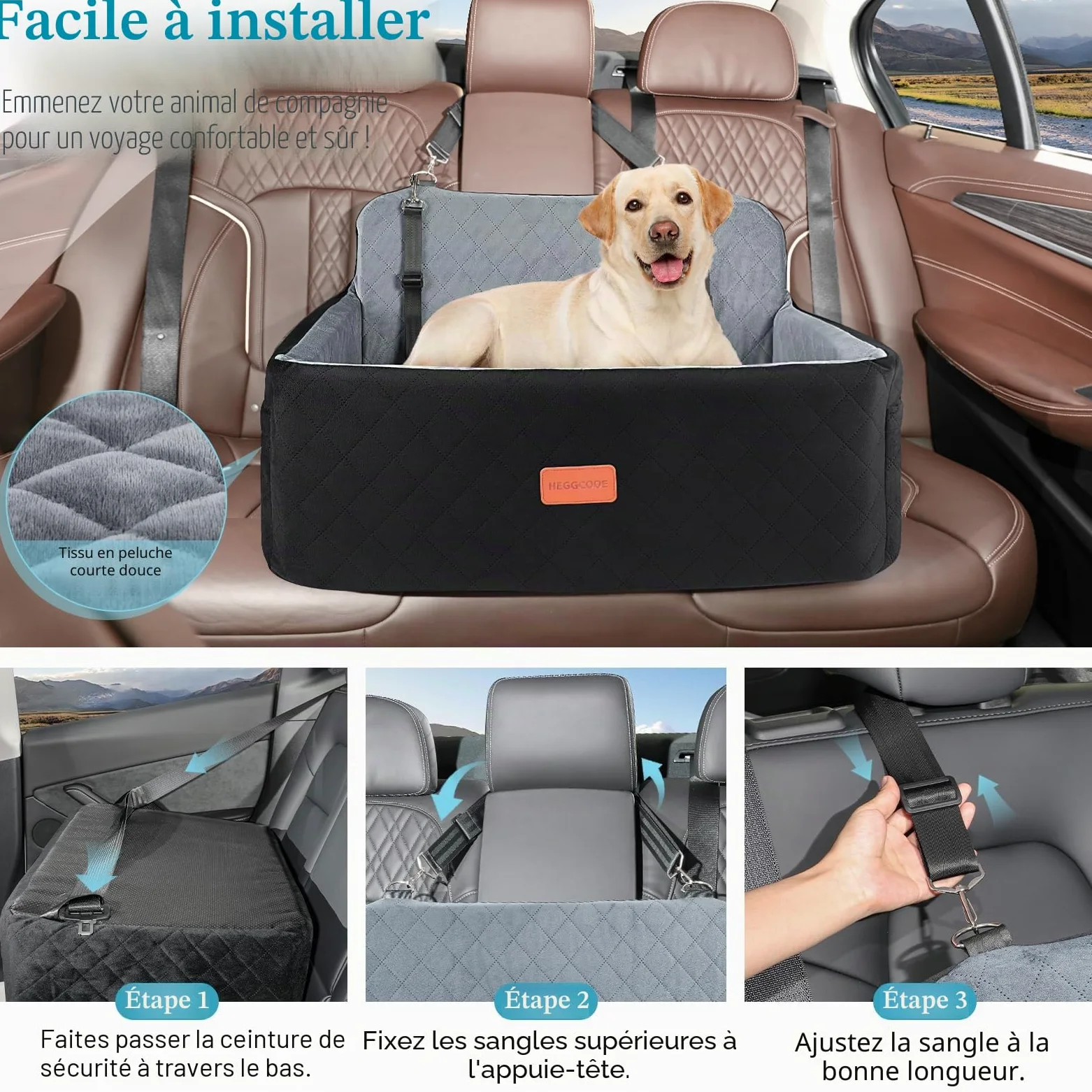 HEGGCOOE Siège auto pour chiens moyens/grands - Rehausseur pour animaux <25 kg ou 2 petits chiens, lit de voiture amovible et lavable pour siège arrière