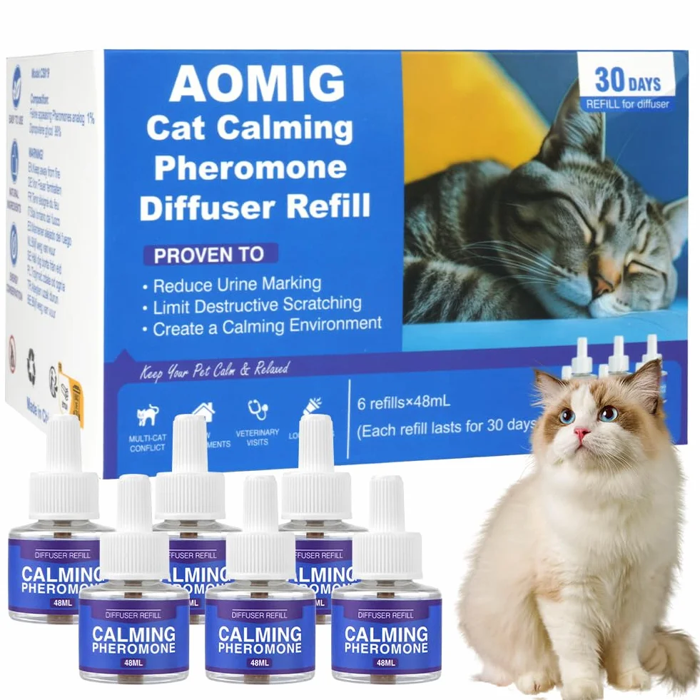 Aomig Pets Recharge Diffuseur pour Chats Lot de 6 x 48ml, Phéromones Calmant