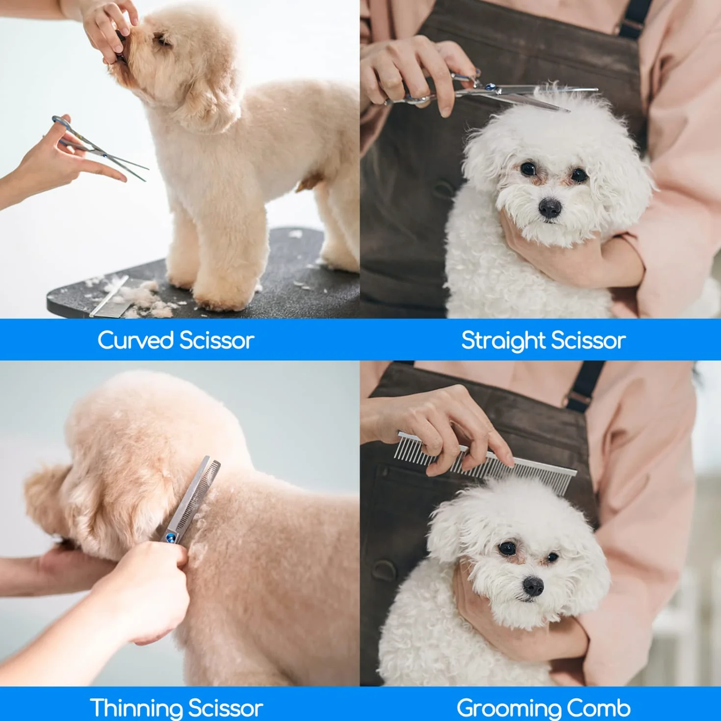 Nobleza Ciseaux pour Chien, Ensemble de 4 Outils Ciseaux Toilettage Chien Professionnel Embout Rond, Cisaille à Effiler/Droite/Incurvé et Peigne, Bricolage Ciseaux Toilettage Chien