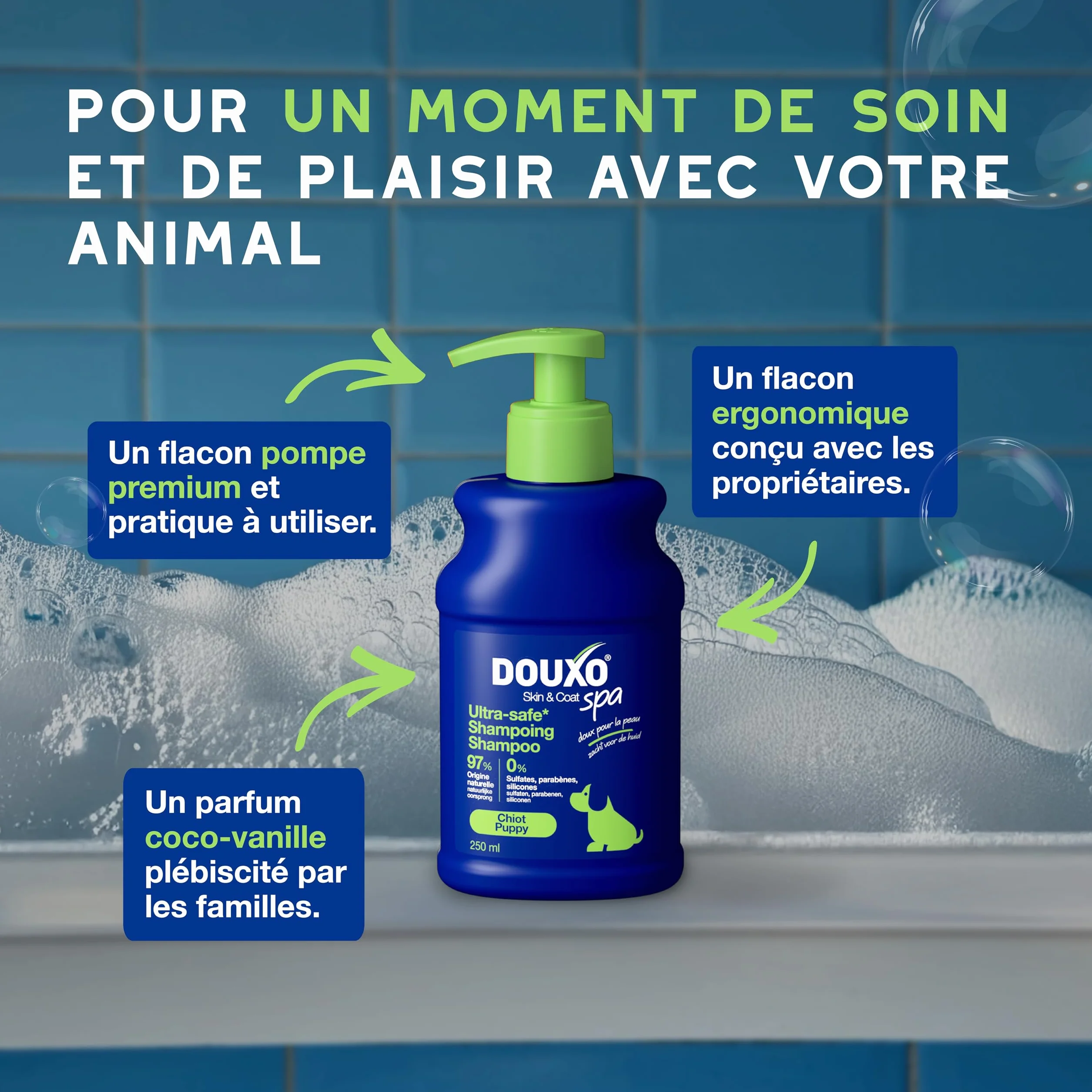 DOUXO Skin & Coat Spa - Ultra-Safe Shampoing pour Chiot, 250mL, Nettoie et Hydrate la Peau Profondeur, Laisse Le Pelage Doux et éclatant, Formule respectueuse de la Peau.