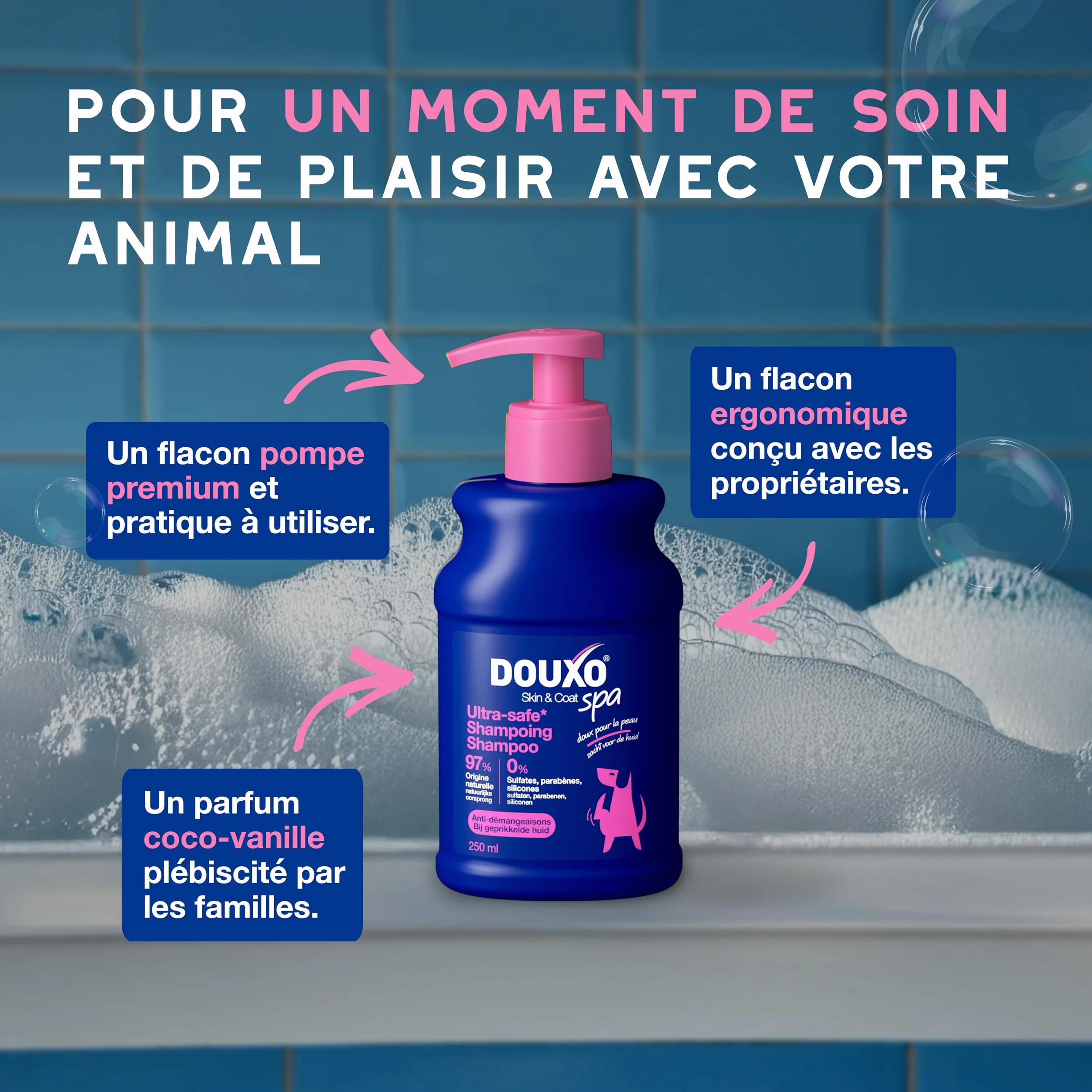 DOUXO Skin & Coat Spa - Ultra-Safe Shampoing Anti-démangeaisons pour Chien, 250mL, Nettoie et apaise la Peau, Laisse Le Pelage Doux et éclatant, Formule respectueuse de la Peau.