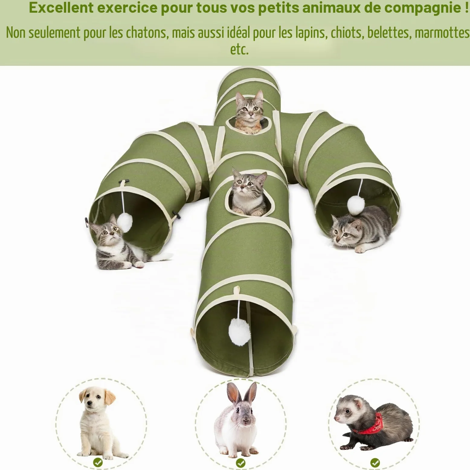 Ownpets Tunnel pour chat - Grand cactus - 4 voies - Avec tissu Oxford robuste - Pliable et indéchirable - Diamètre : 25 cm - Vert