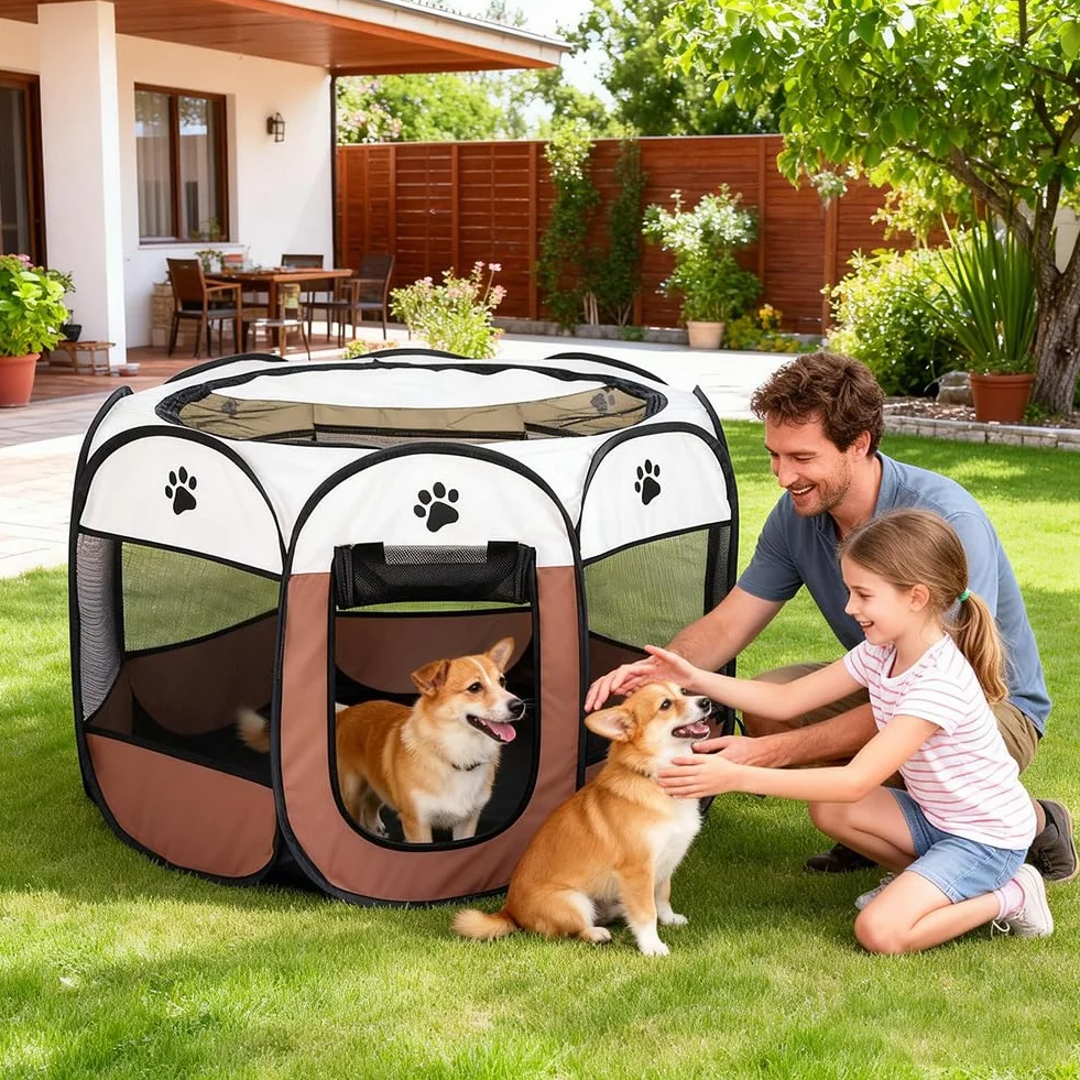 Parc pour chiots pliable 74 x 74 x 43 cm portable intérieur extérieur Marron café