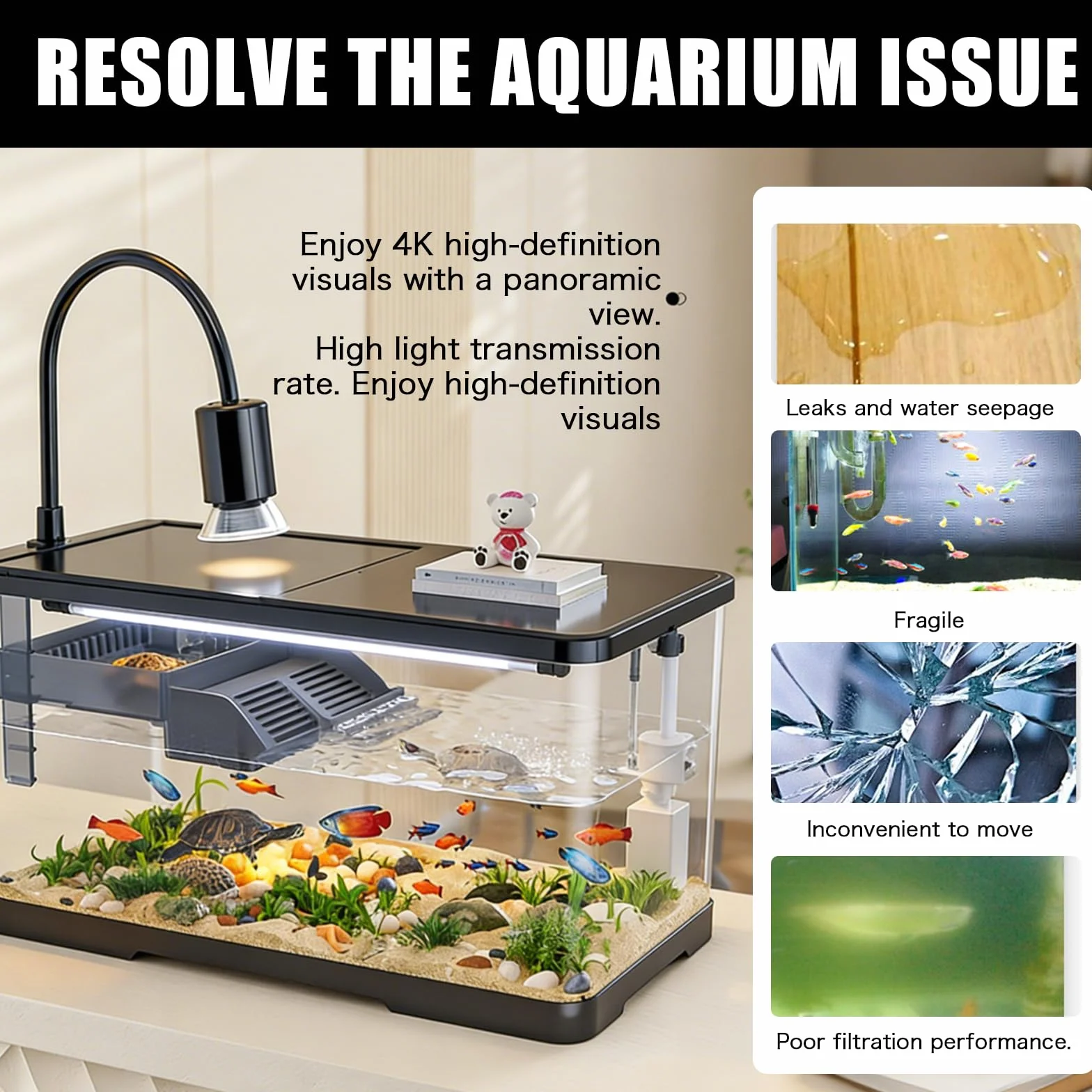 Terrarium Tortue avec Plateforme de Repos et Lampe, Aquarium Tortue Deau avec Plateforme Suspendue, Couvercle
