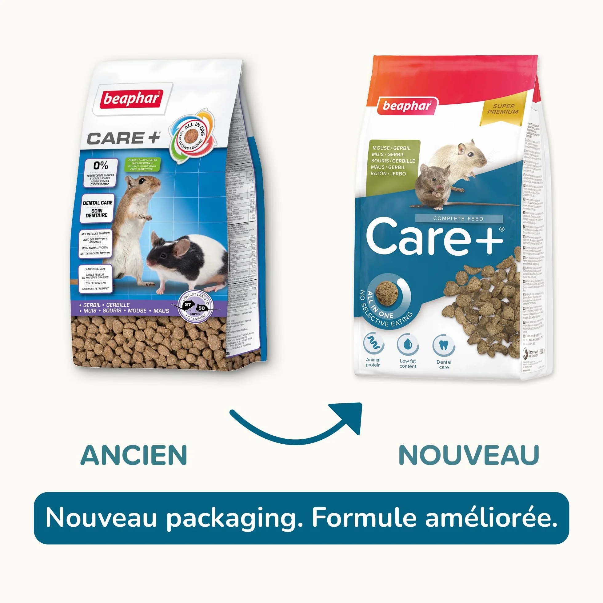 BEAPHAR Care+ Alimentation Super Premium extrudée pour Gerbille et Souris Granulés Tout-en-Un 500g