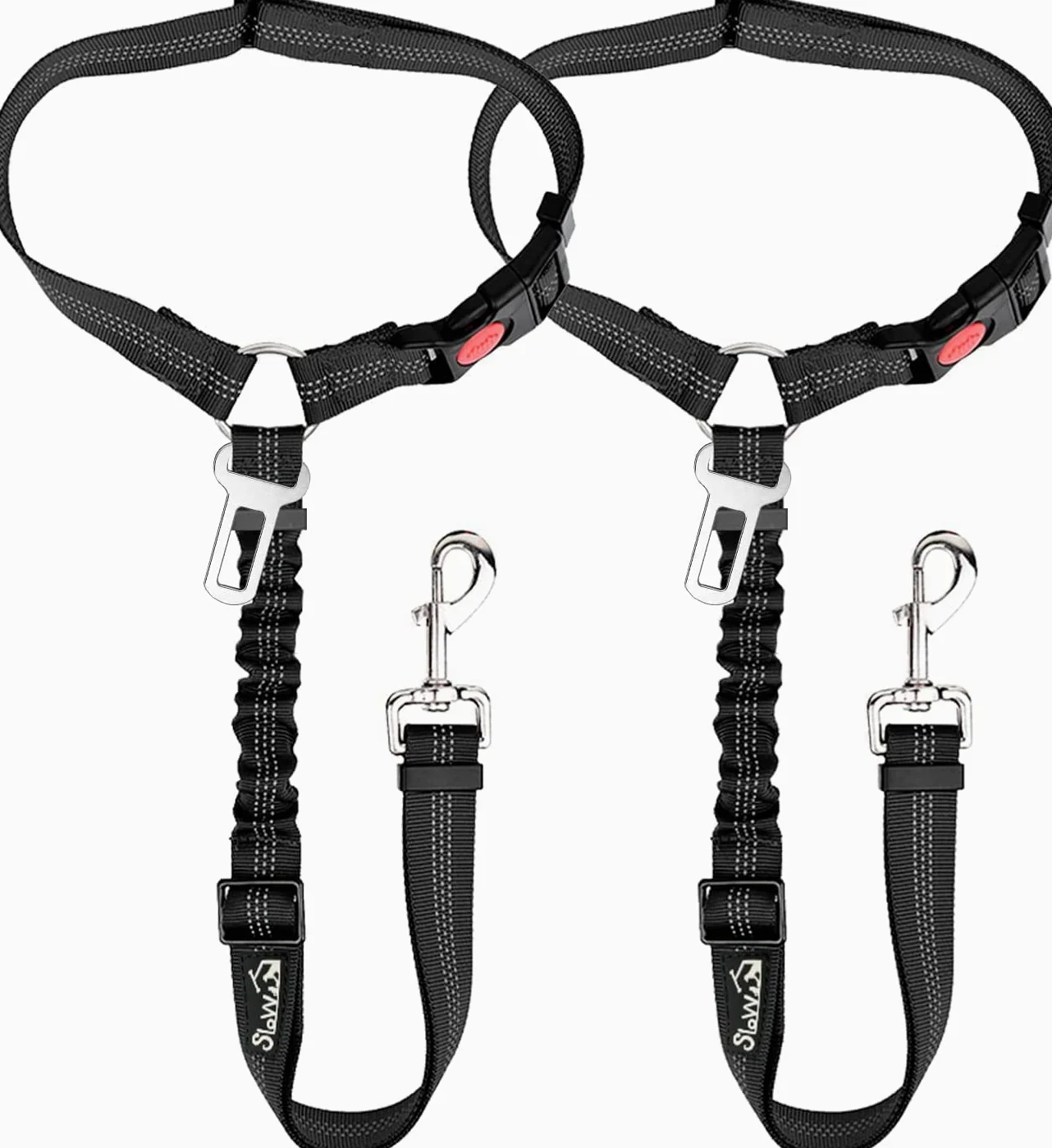 SlowTon Lot de 2 ceintures de sécurité pour chien pour voiture, réglables avec élastique amortisseur, laisse de voiture 2 en 1 pour animal domestique, attache de sécurité réfléchissante (noir,